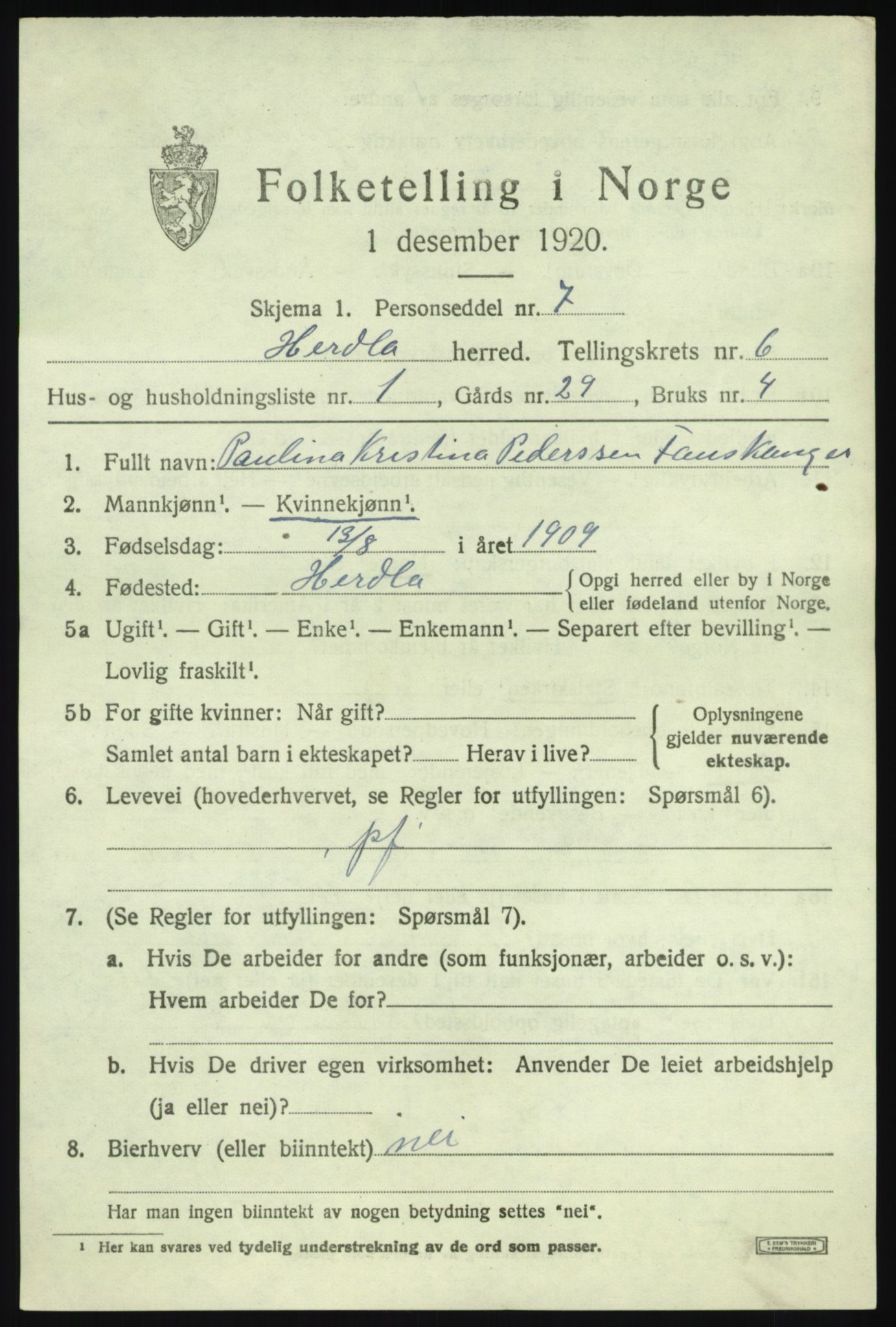 SAB, 1920 census for Herdla, 1920, p. 4371