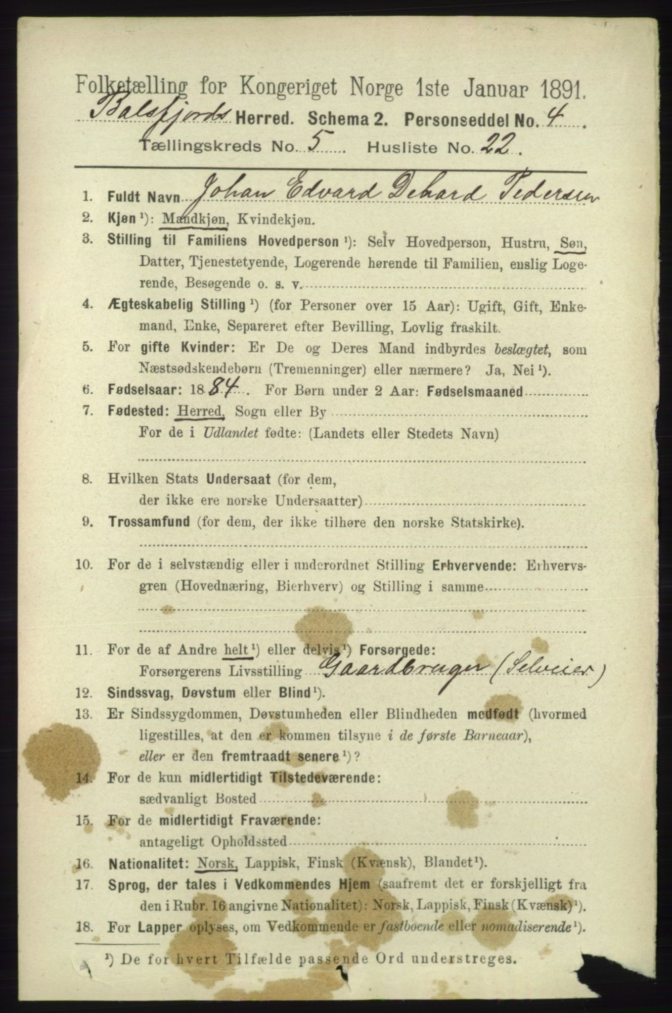 RA, 1891 census for 1933 Balsfjord, 1891, p. 1540