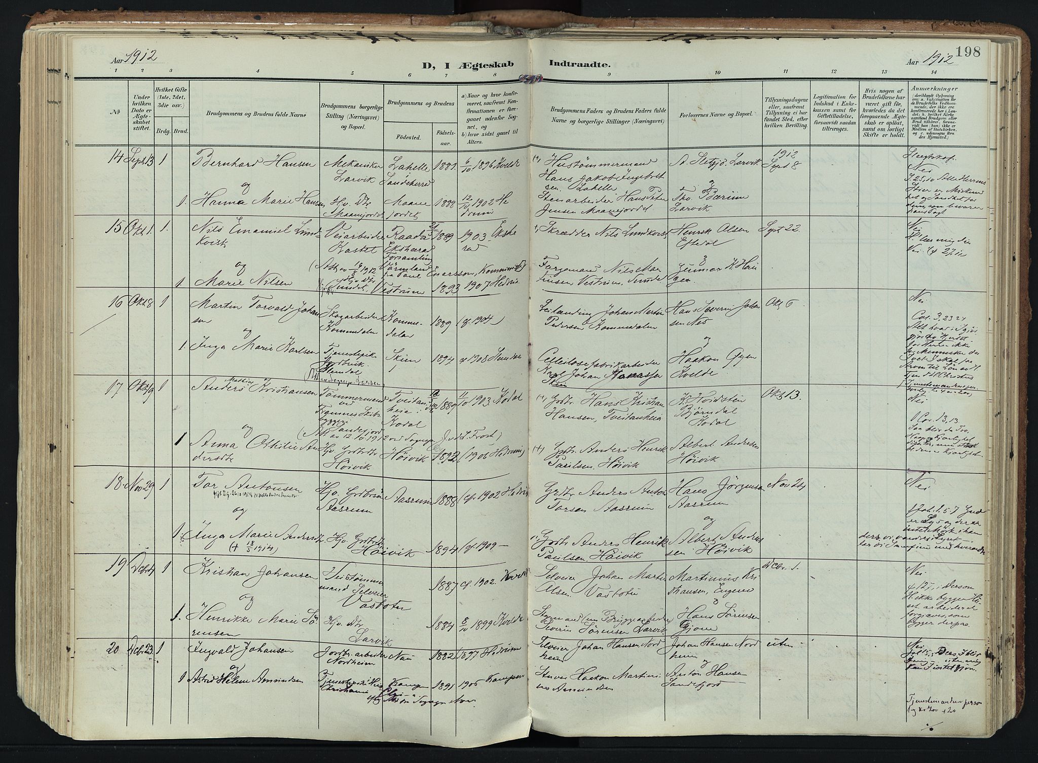 Hedrum kirkebøker, SAKO/A-344/F/Fa/L0010: Parish register (official) no. I 10, 1904-1918, p. 198