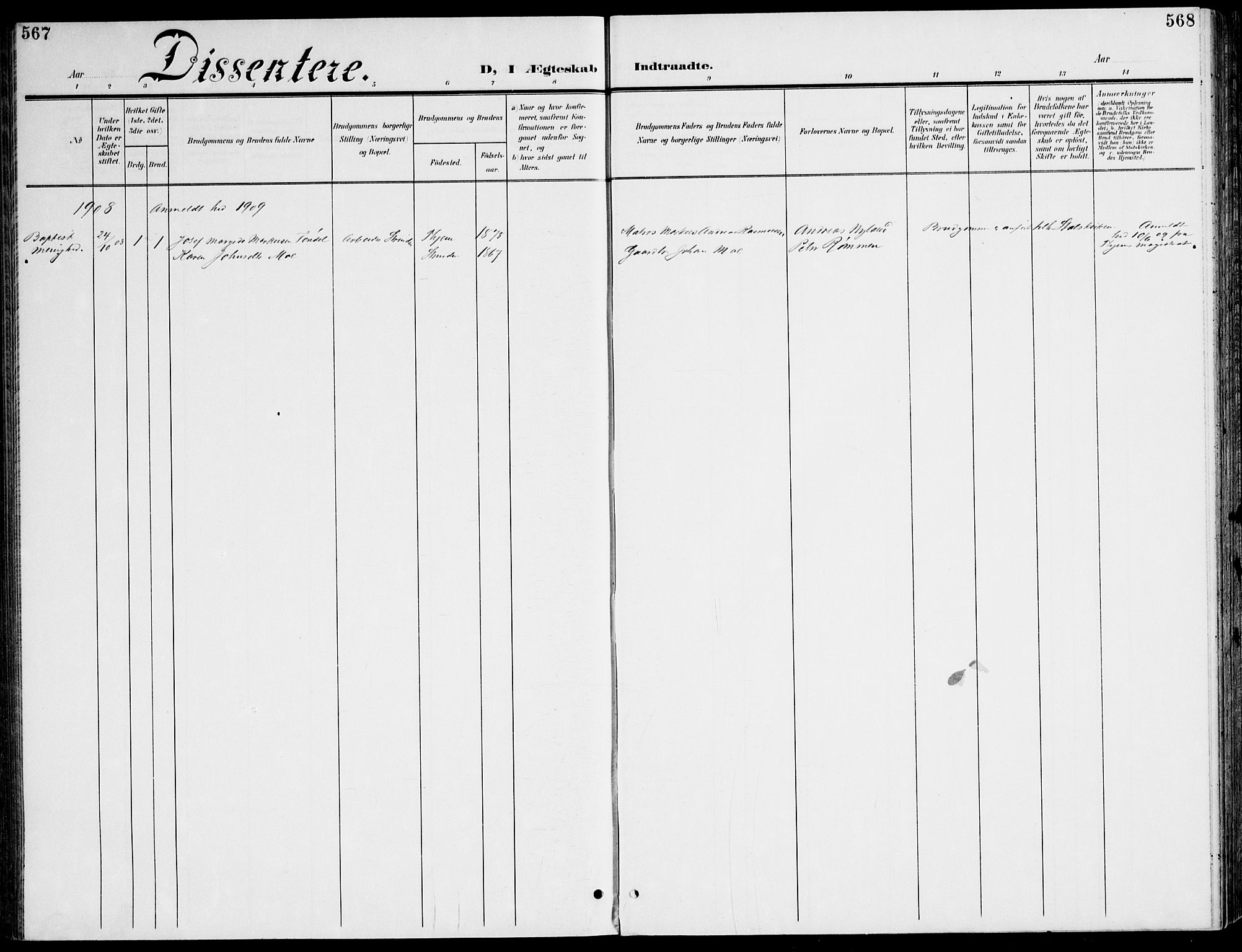 Ministerialprotokoller, klokkerbøker og fødselsregistre - Sør-Trøndelag, SAT/A-1456/607/L0320: Parish register (official) no. 607A04, 1907-1915, p. 567-568