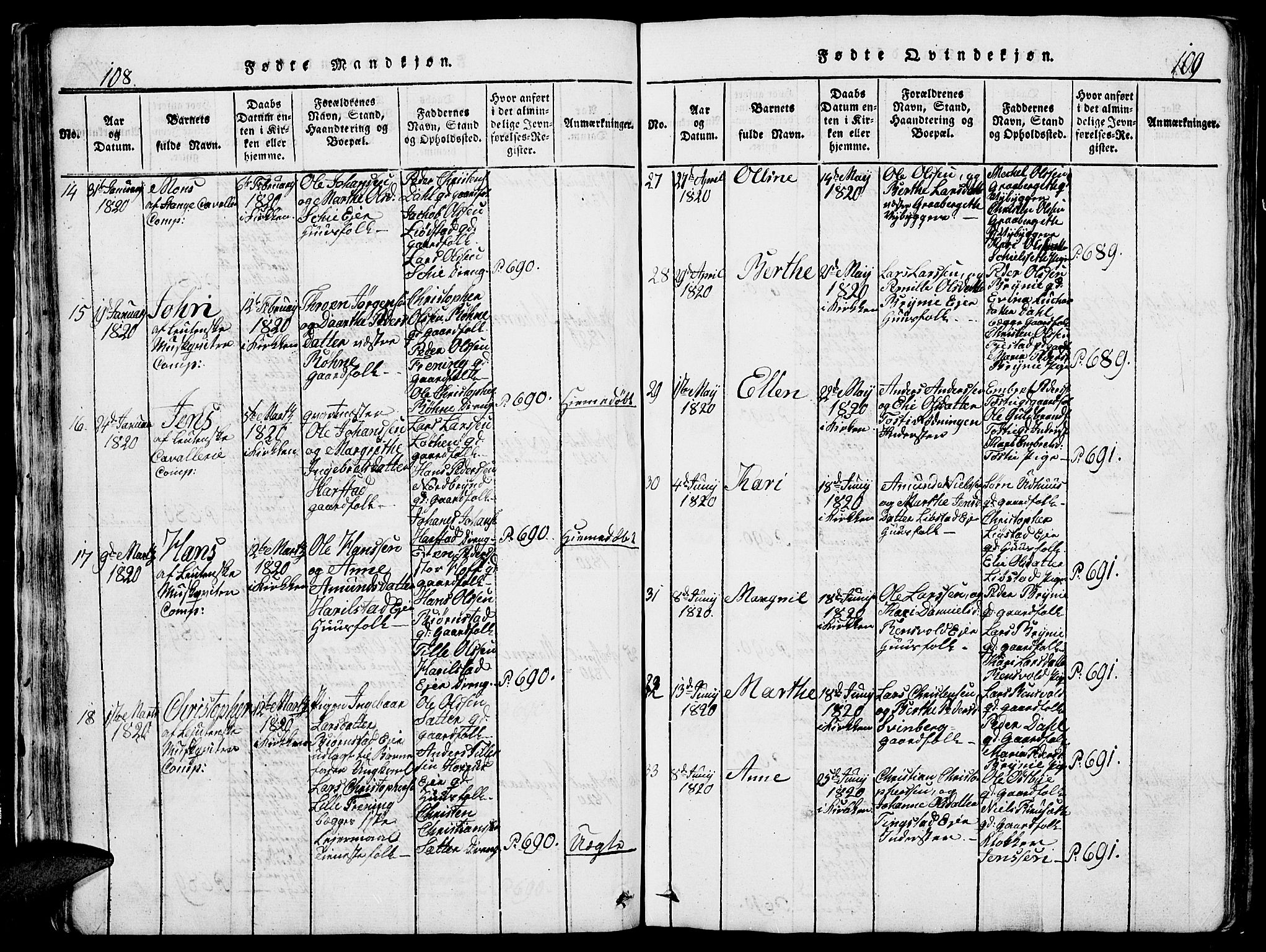 Romedal prestekontor, AV/SAH-PREST-004/L/L0005: Parish register (copy) no. 5, 1814-1829, p. 108-109