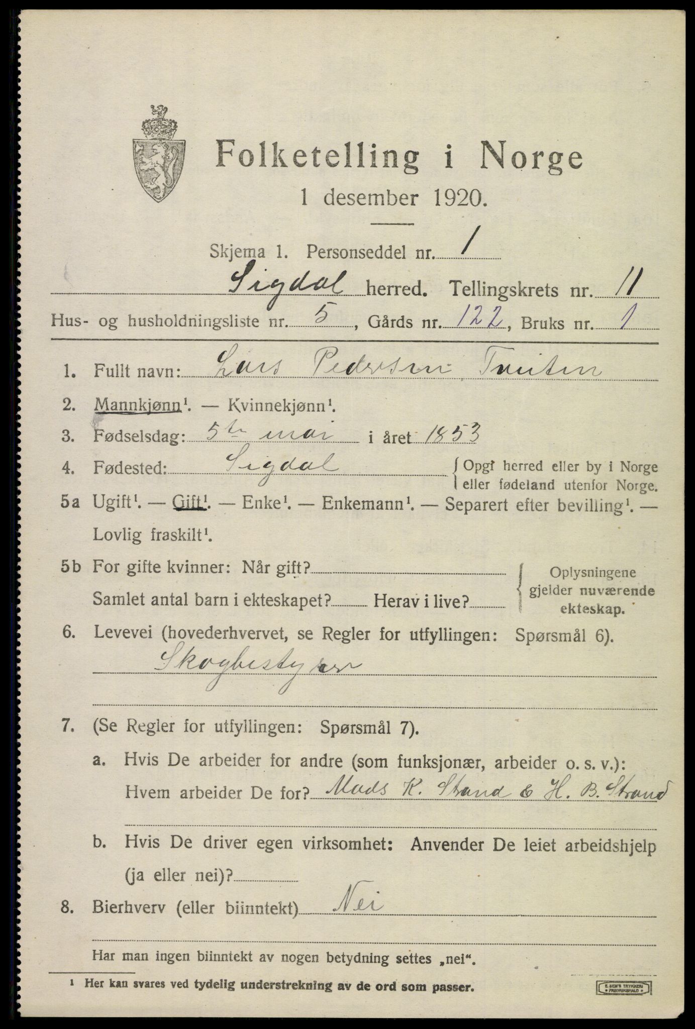 SAKO, 1920 census for Sigdal, 1920, p. 7634