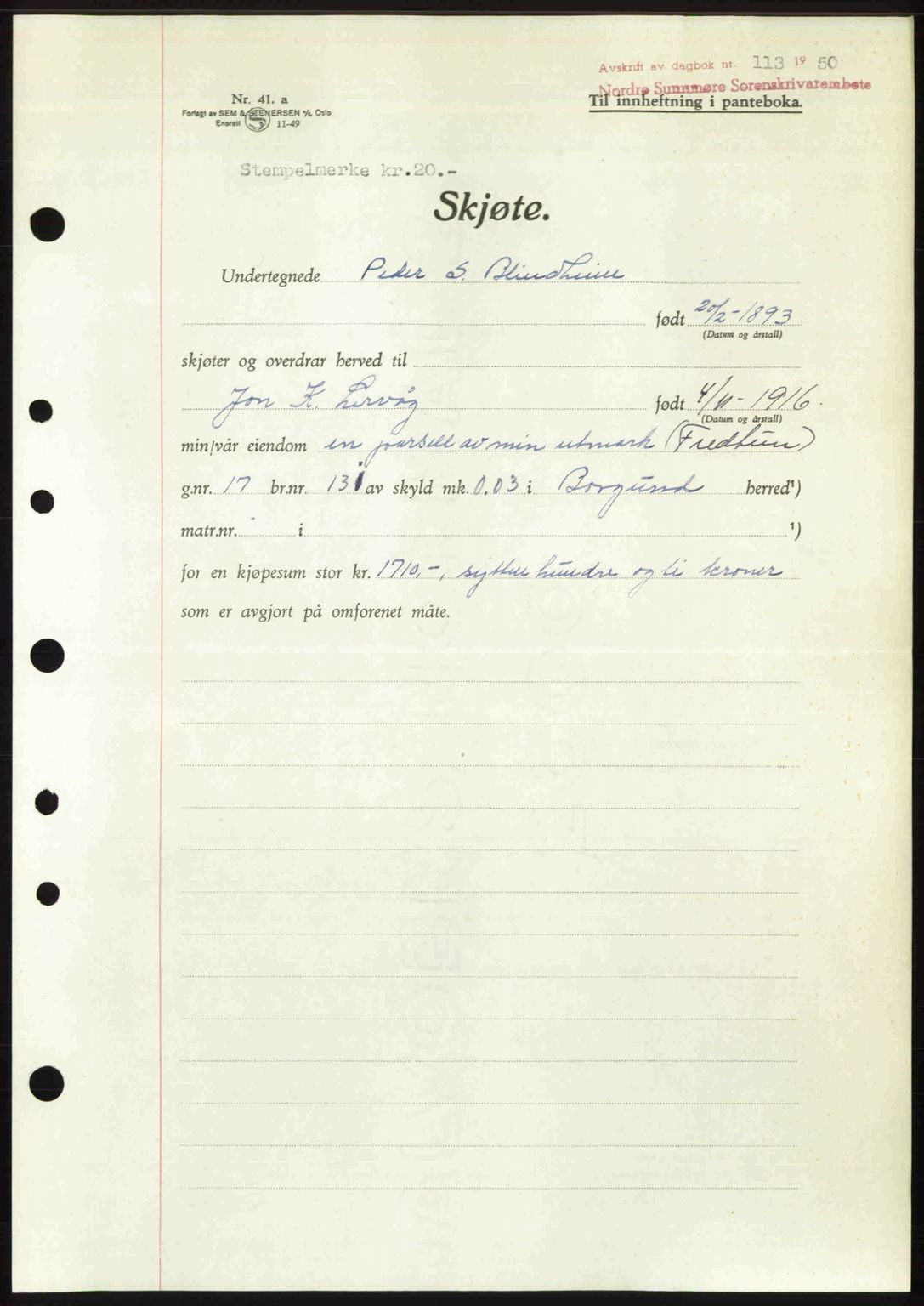 Nordre Sunnmøre sorenskriveri, AV/SAT-A-0006/1/2/2C/2Ca: Mortgage book no. A33, 1949-1950, Diary no: : 113/1950