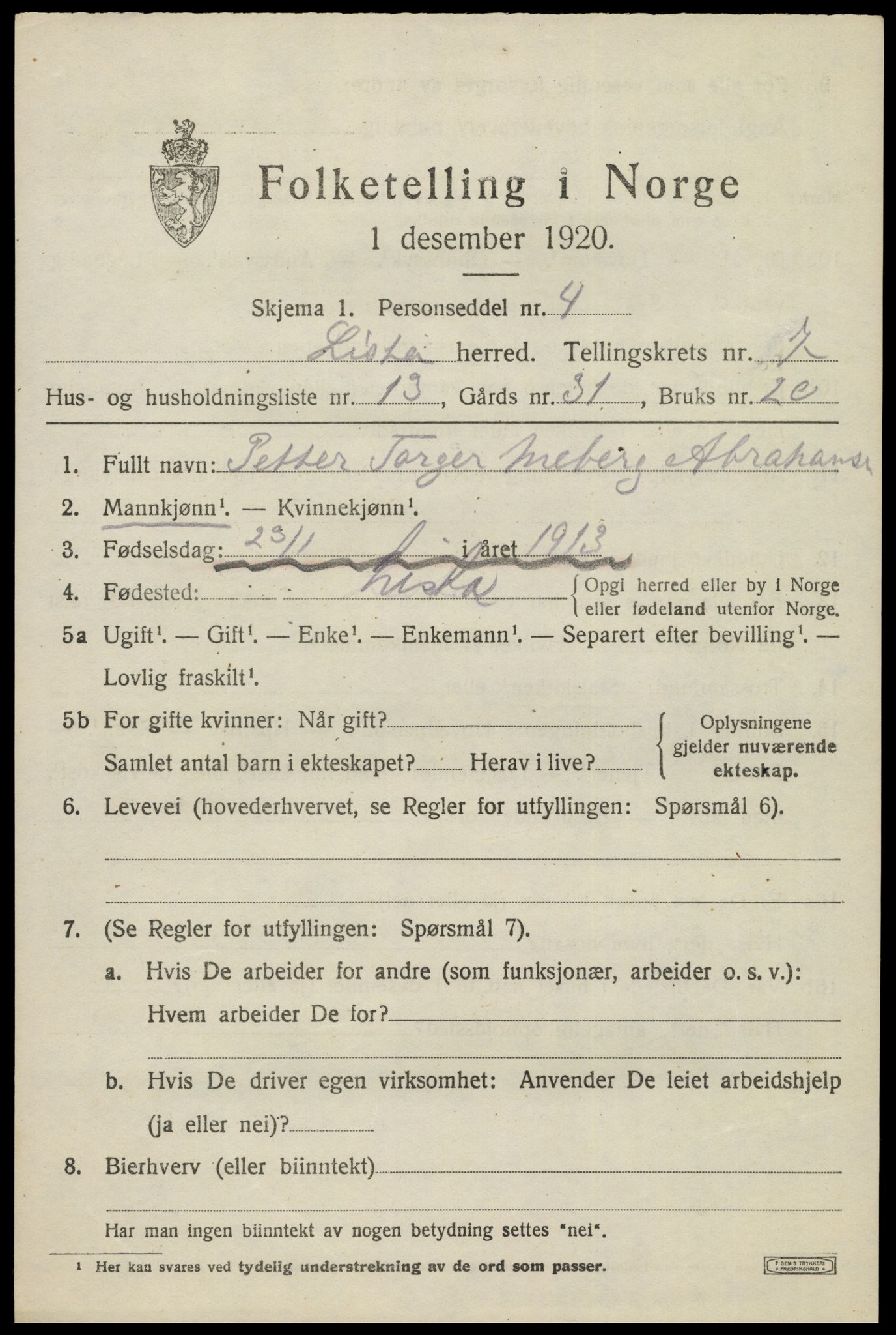 SAK, 1920 census for Lista, 1920, p. 7071