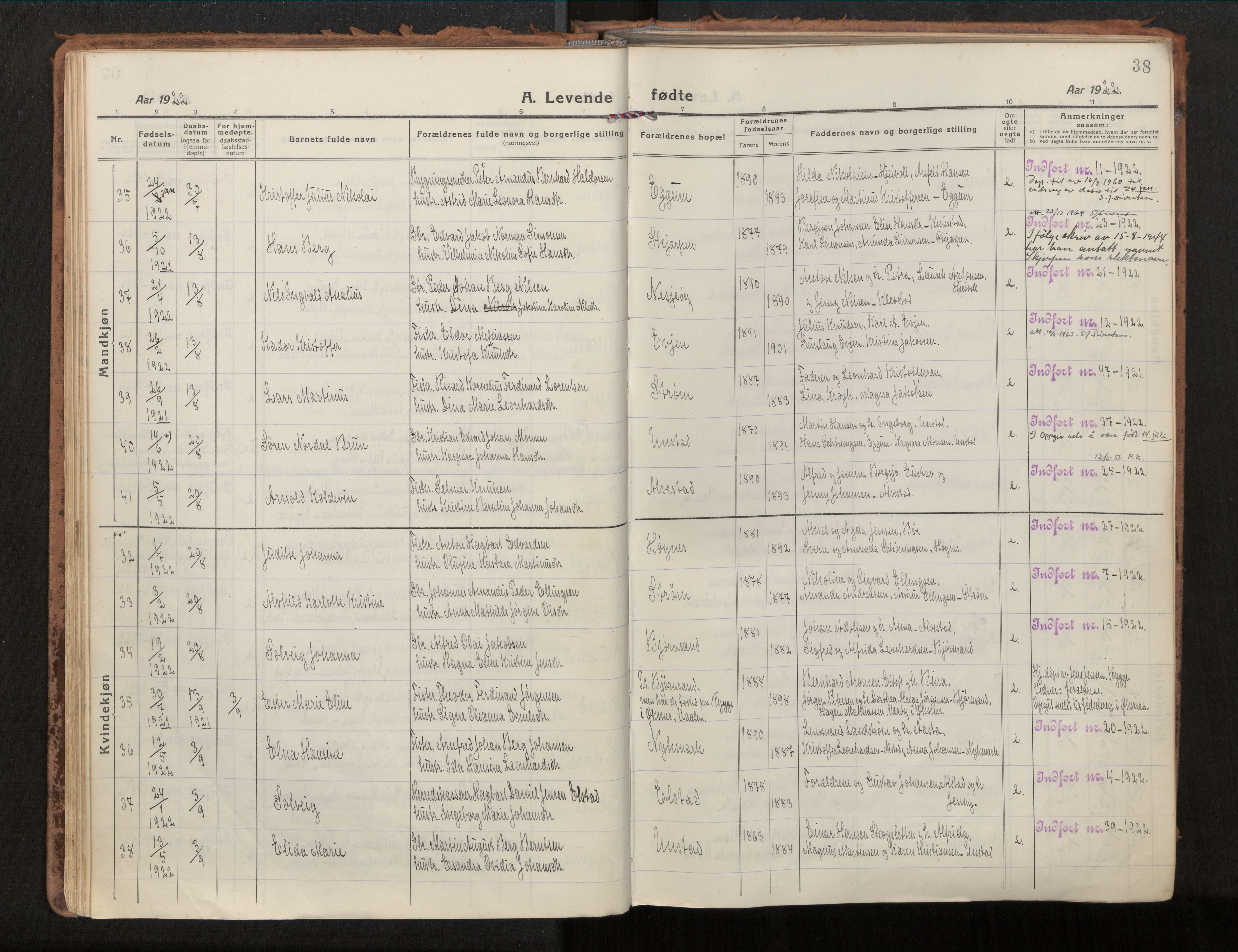 Ministerialprotokoller, klokkerbøker og fødselsregistre - Nordland, AV/SAT-A-1459/880/L1136: Parish register (official) no. 880A10, 1919-1927, p. 38