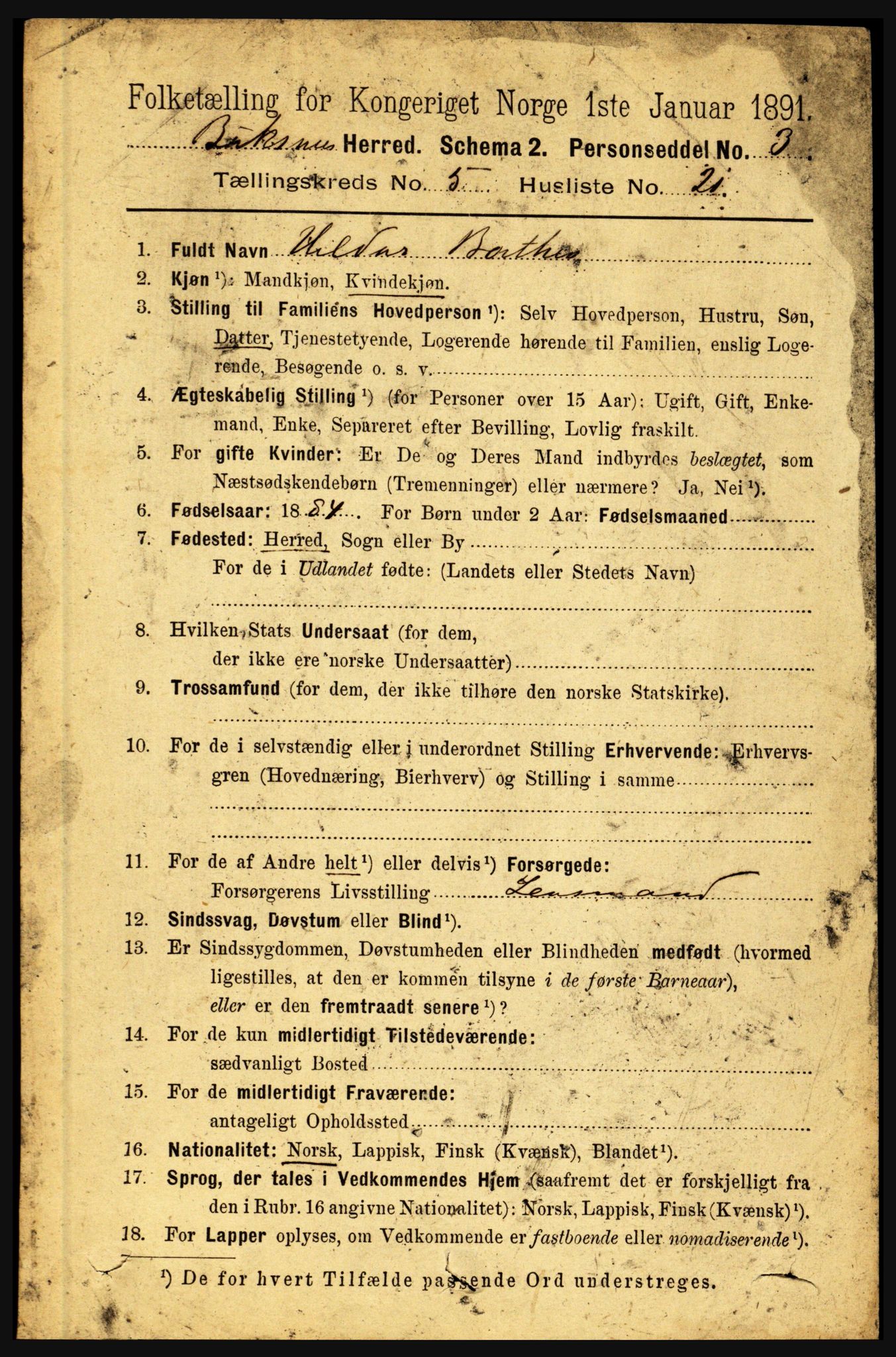 RA, 1891 census for 1860 Buksnes, 1891, p. 3999