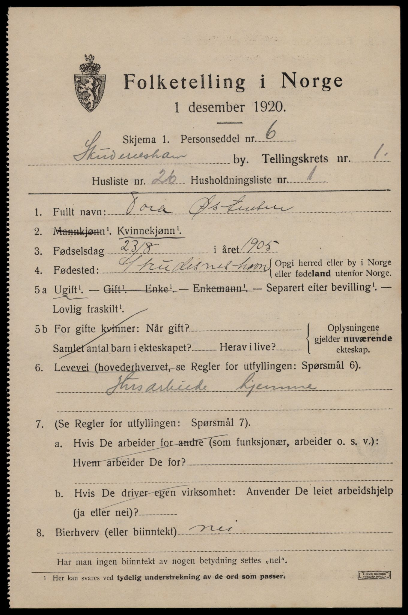 SAST, 1920 census for Skudeneshavn, 1920, p. 1388