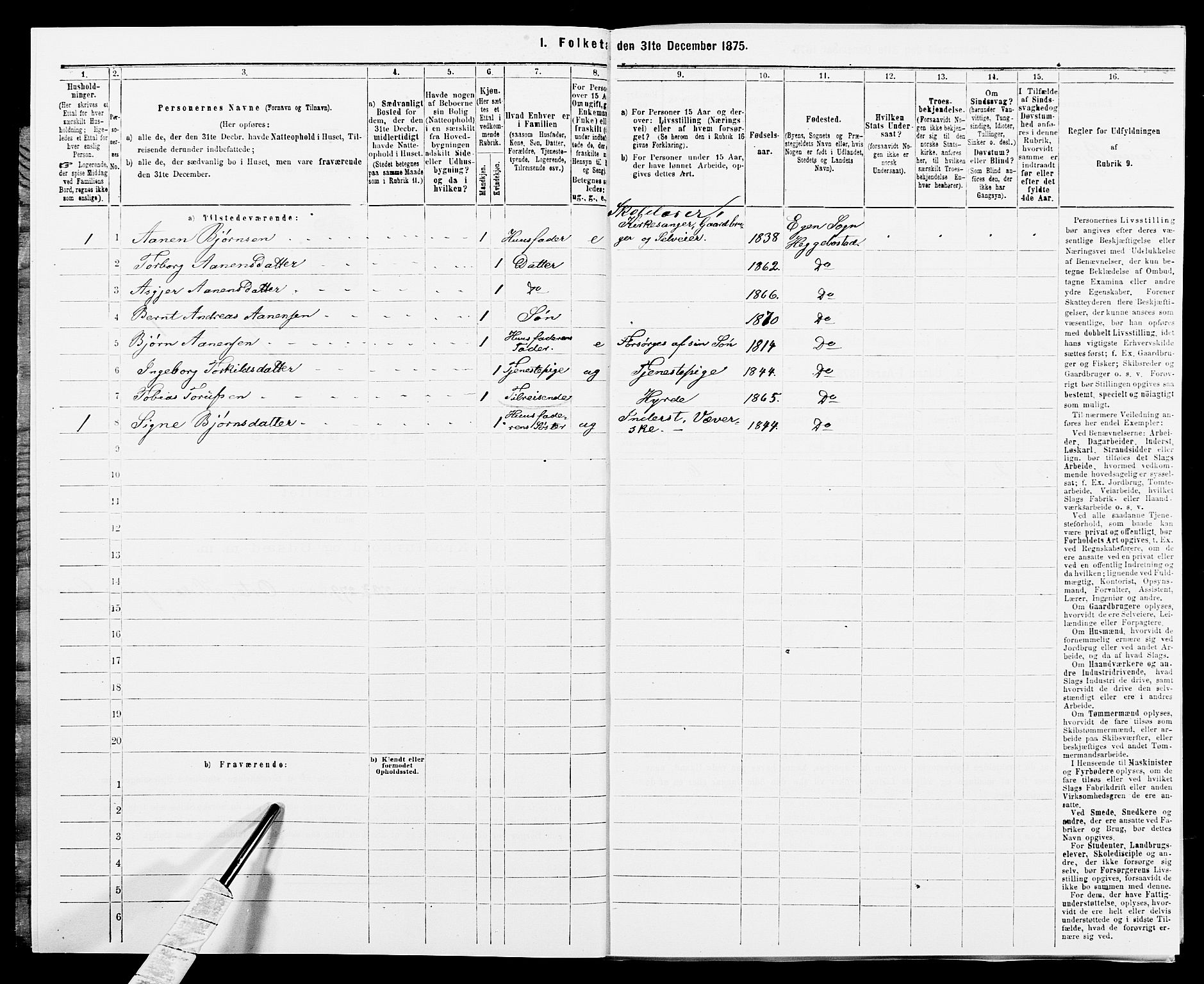 SAK, 1875 census for 1034P Hægebostad, 1875, p. 719