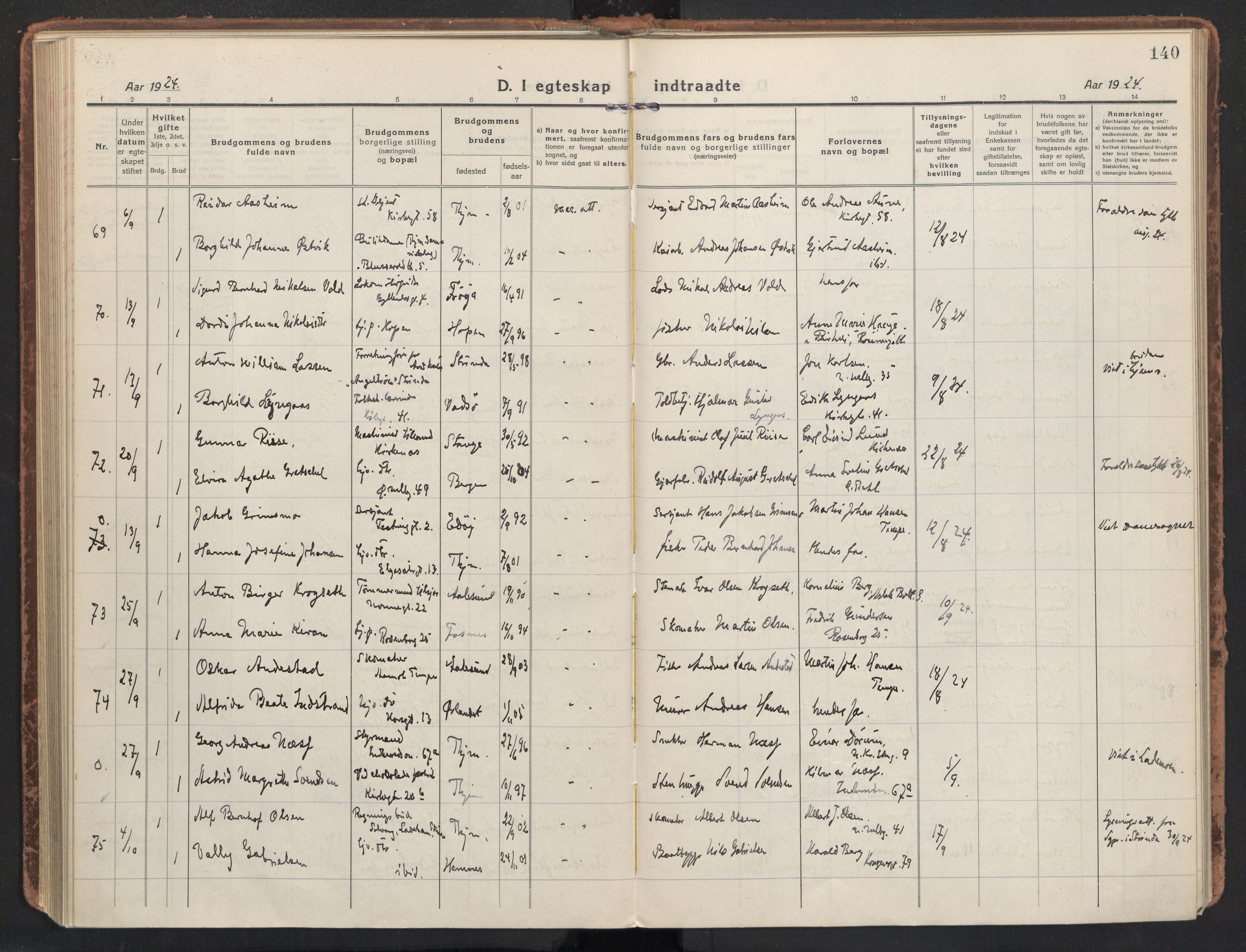 Ministerialprotokoller, klokkerbøker og fødselsregistre - Sør-Trøndelag, AV/SAT-A-1456/604/L0206: Parish register (official) no. 604A26, 1917-1931, p. 140