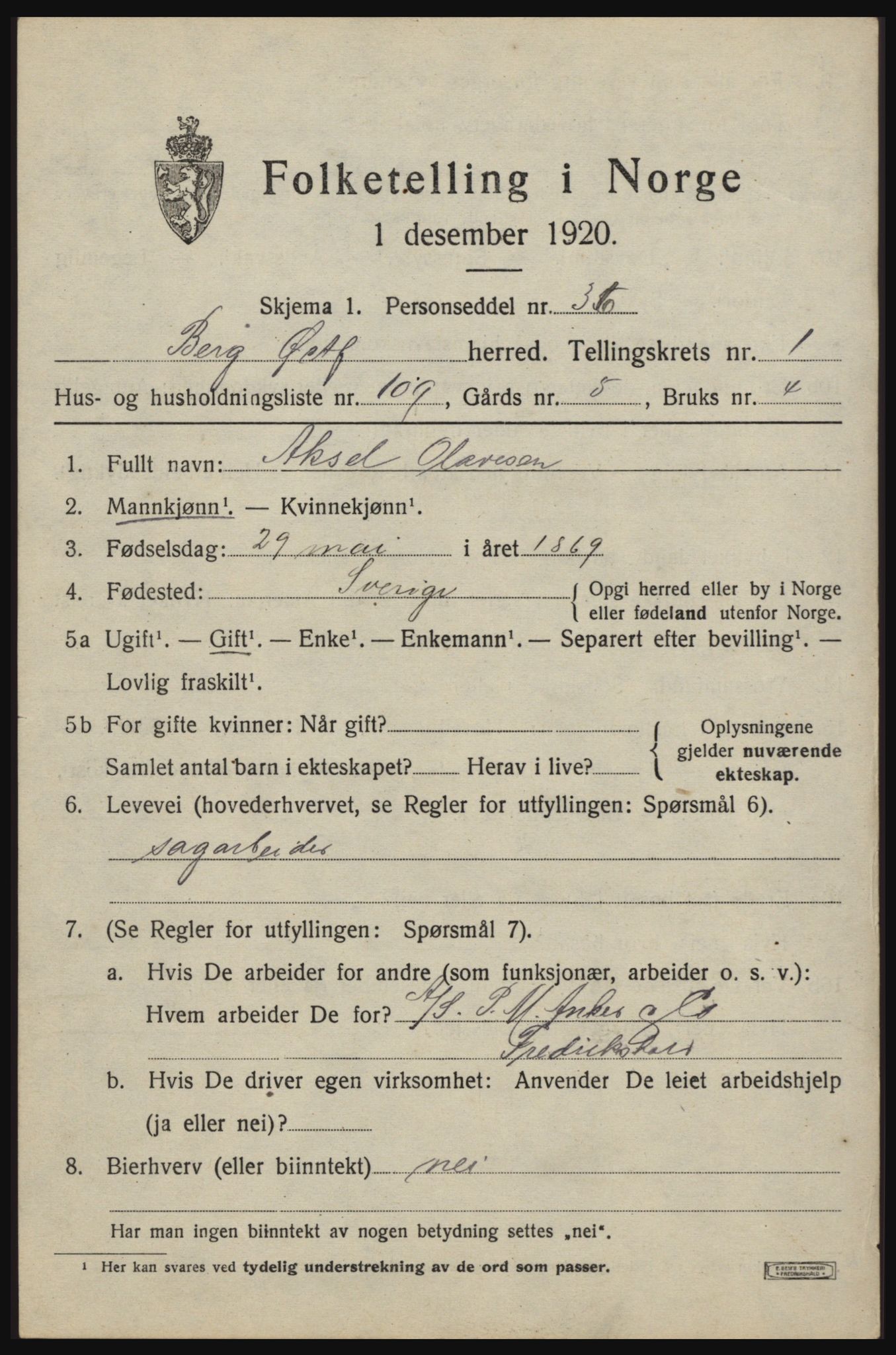 SAO, 1920 census for Berg, 1920, p. 3539