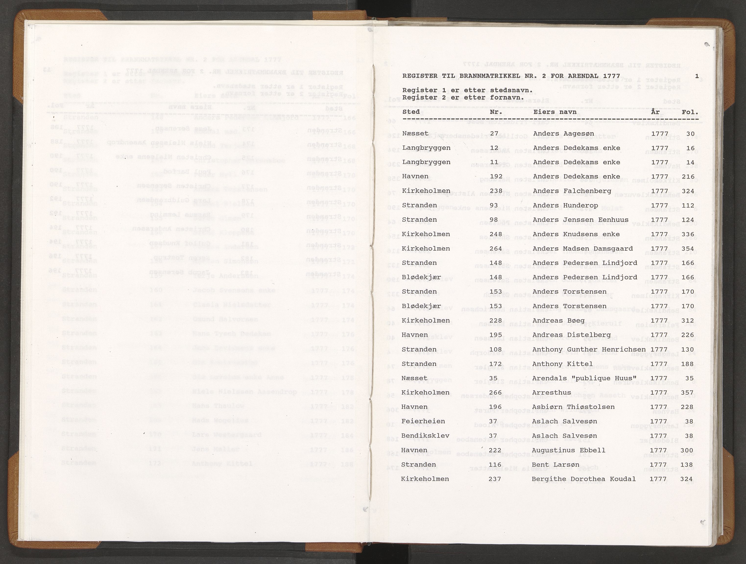 Norges Brannkasse Arendal, AV/SAK-2241-0002/F/Fa/L0005: Branntakstprotokoll nr. 2 med steds- og fornavnsregister, 1777
