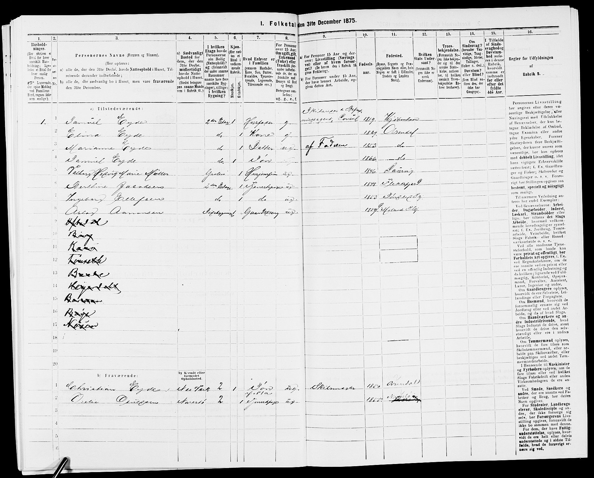 SAK, 1875 census for 0903P Arendal, 1875, p. 278