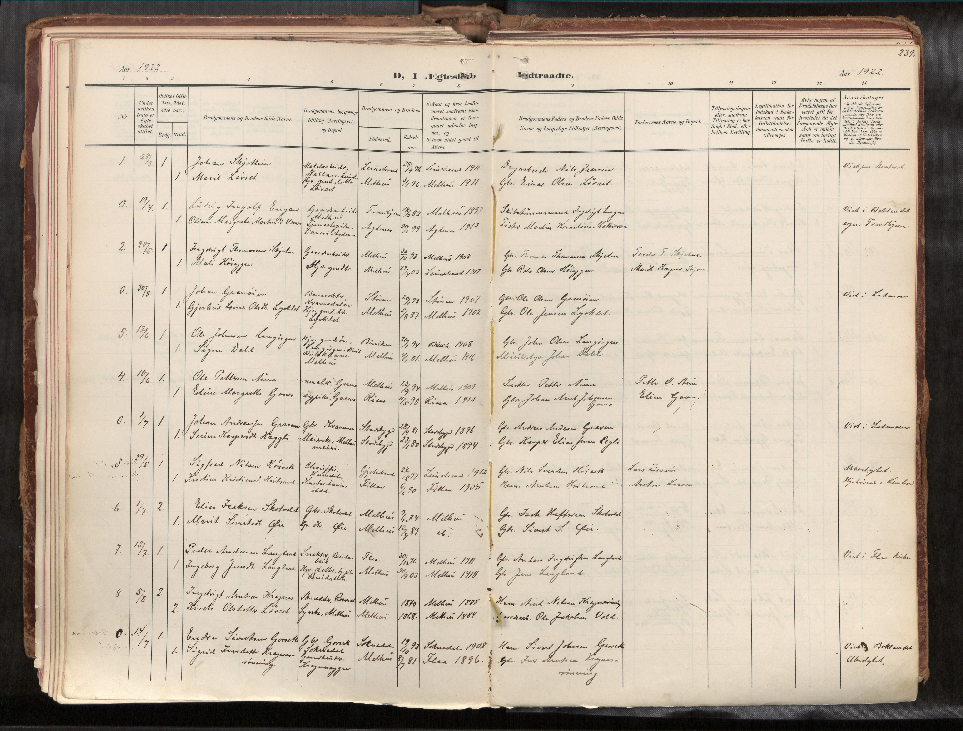Ministerialprotokoller, klokkerbøker og fødselsregistre - Sør-Trøndelag, SAT/A-1456/691/L1085b: Parish register (official) no. 691A18, 1908-1930, p. 239