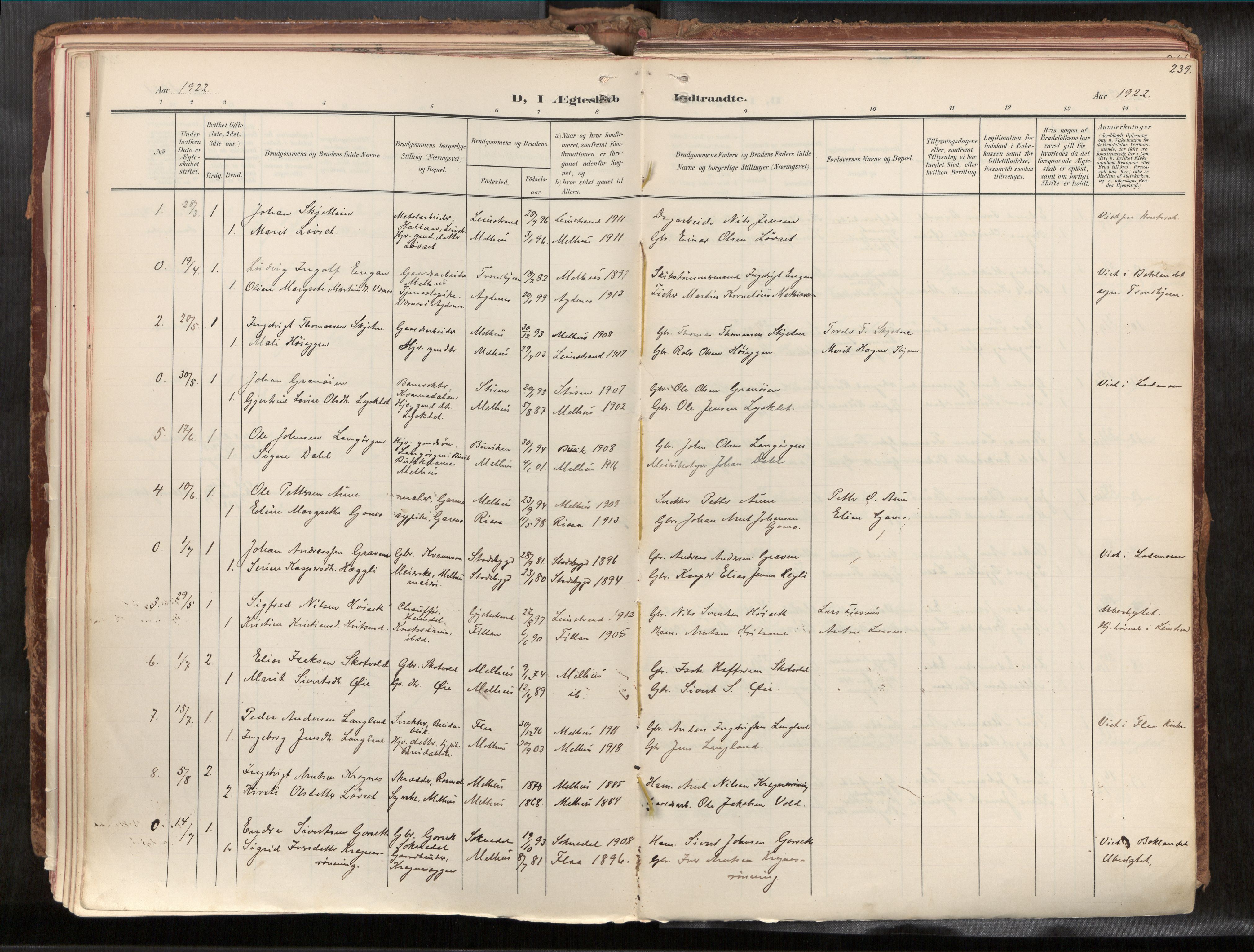 Ministerialprotokoller, klokkerbøker og fødselsregistre - Sør-Trøndelag, AV/SAT-A-1456/691/L1085b: Parish register (official) no. 691A18, 1908-1930, p. 239