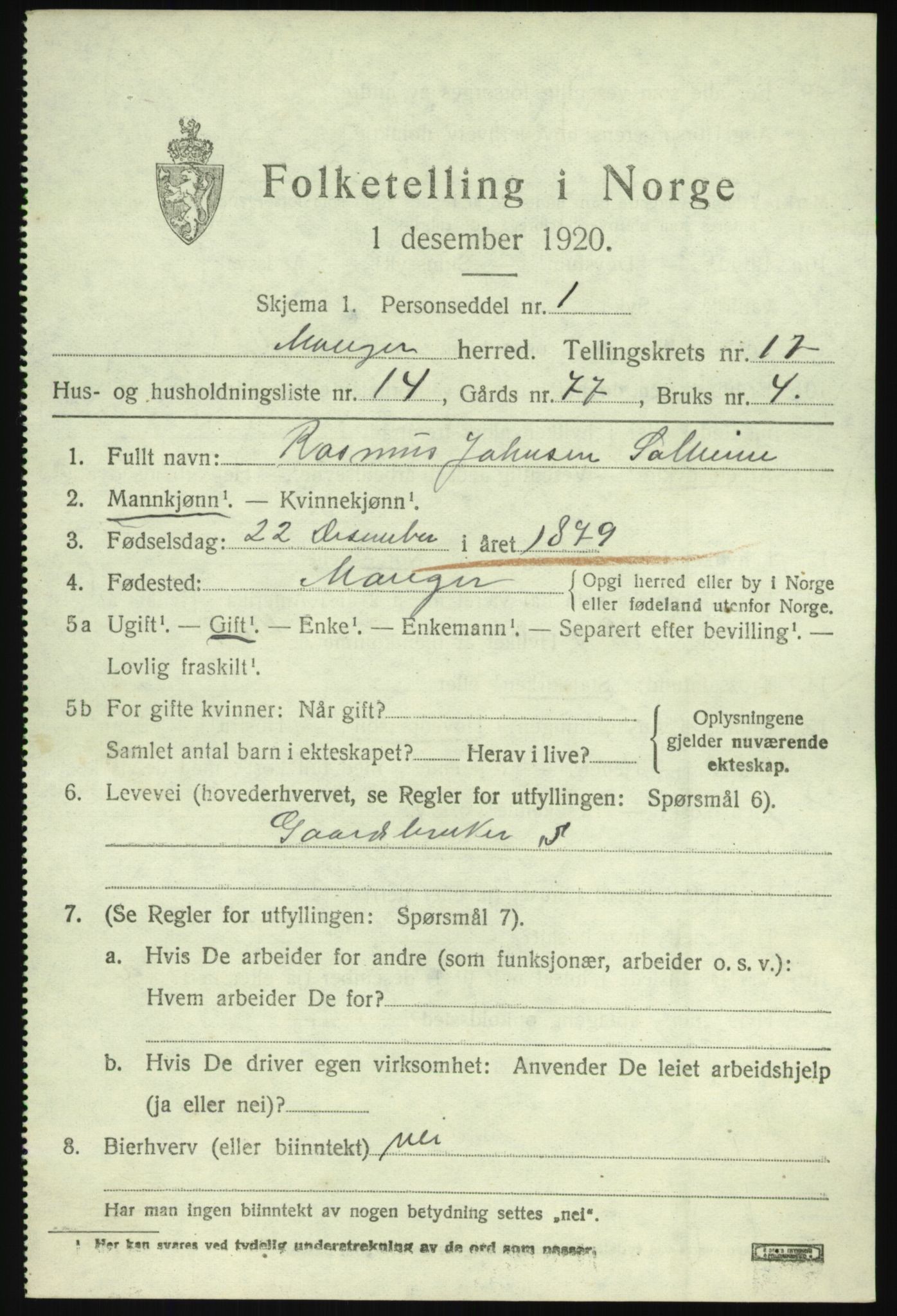 SAB, 1920 census for Manger, 1920, p. 9716