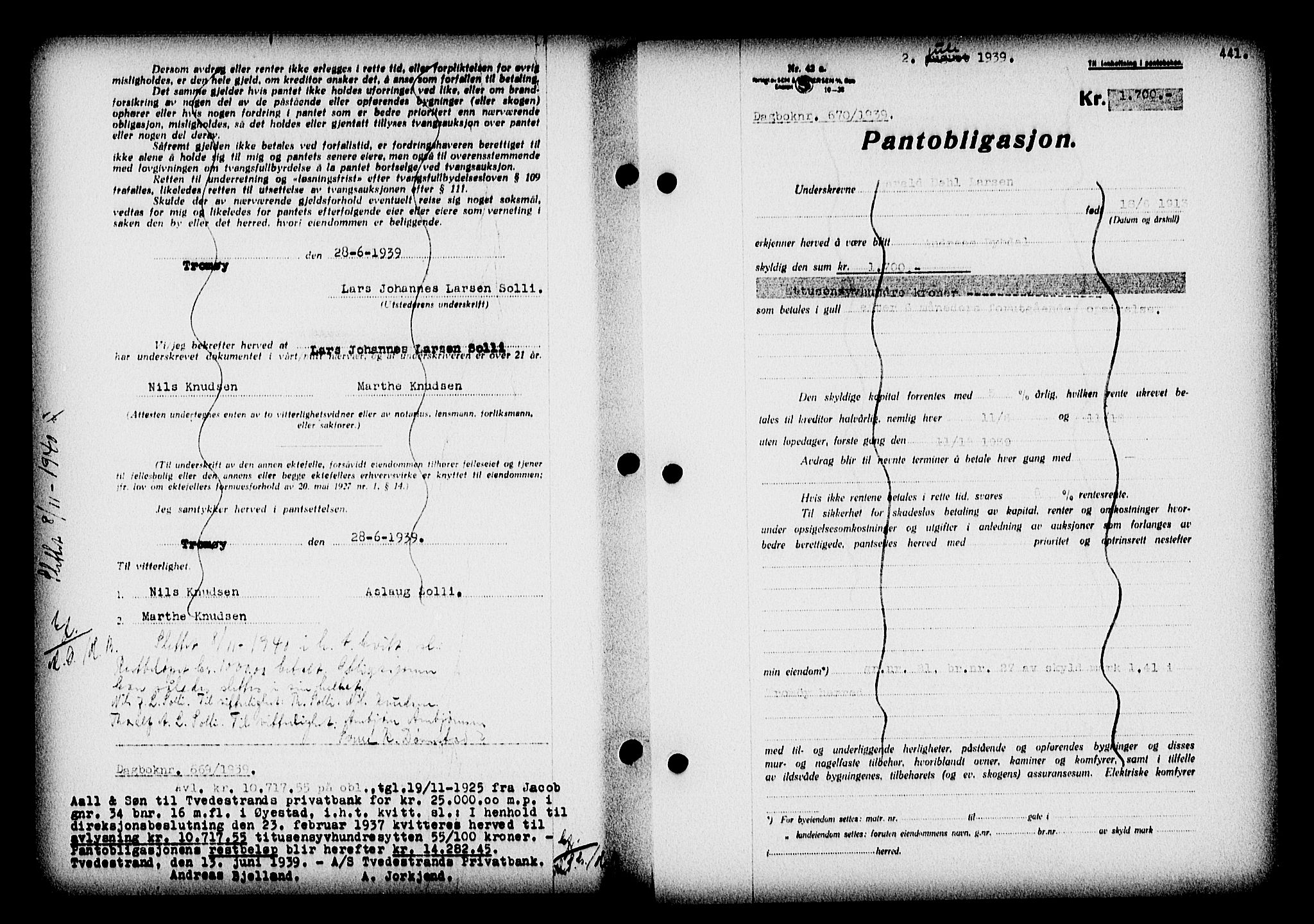 Nedenes sorenskriveri, AV/SAK-1221-0006/G/Gb/Gba/L0046: Mortgage book no. 42, 1938-1939, Diary no: : 670/1939