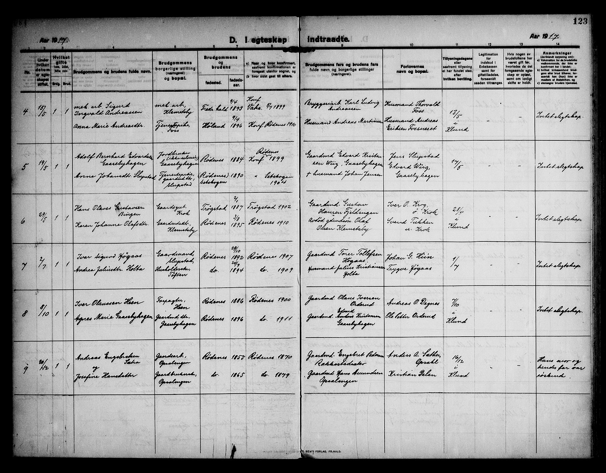 Rødenes prestekontor Kirkebøker, AV/SAO-A-2005/F/Fa/L0012: Parish register (official) no. I 12, 1911-1926, p. 123