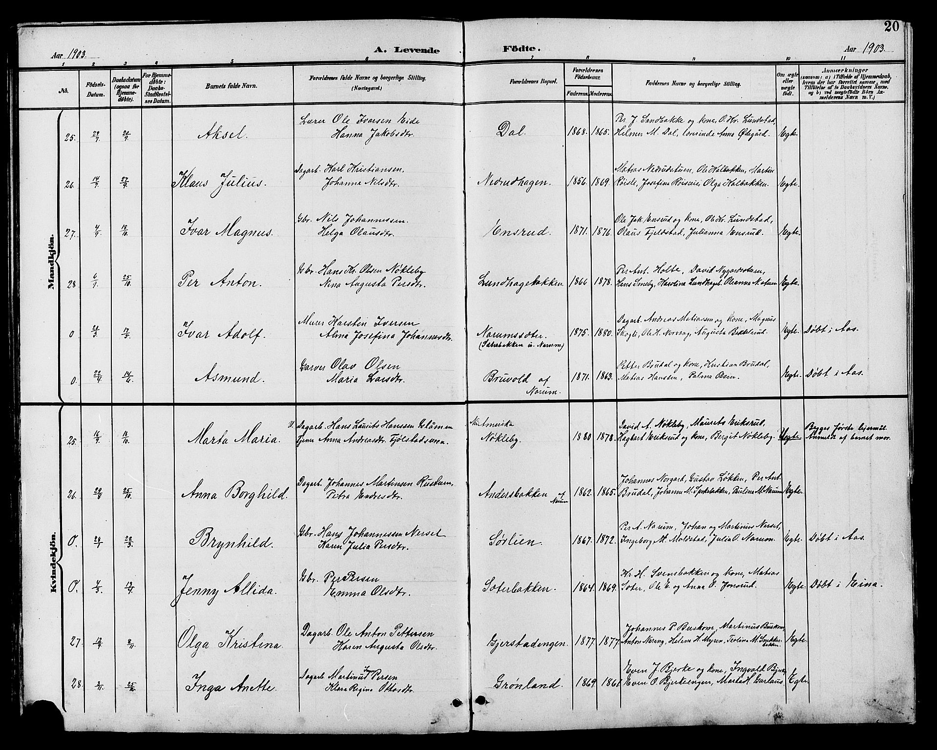 Vestre Toten prestekontor, AV/SAH-PREST-108/H/Ha/Hab/L0011: Parish register (copy) no. 11, 1901-1911, p. 20