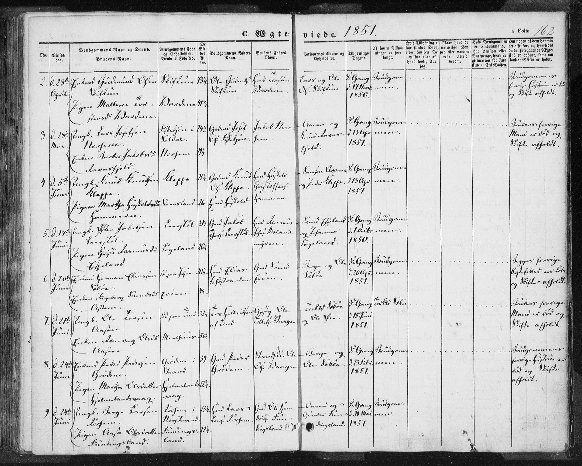 Hjelmeland sokneprestkontor, AV/SAST-A-101843/01/IV/L0009: Parish register (official) no. A 9, 1846-1860, p. 162