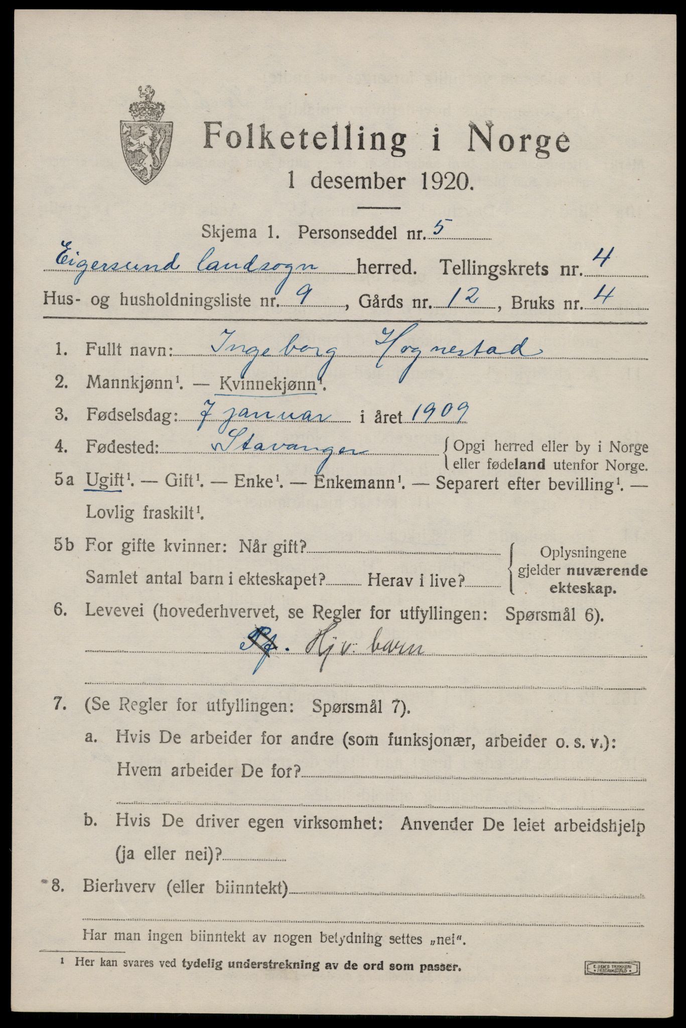 SAST, 1920 census for Eigersund, 1920, p. 2911