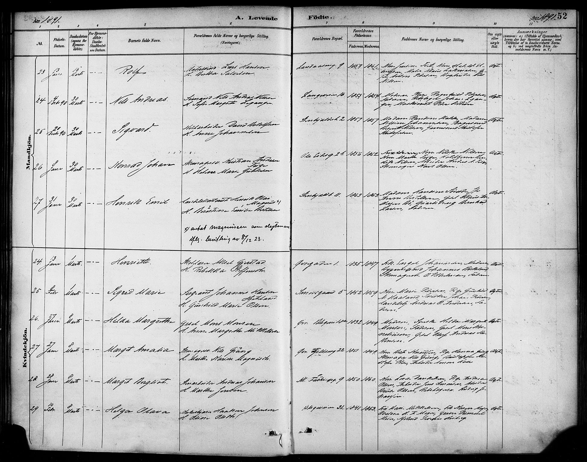 Korskirken sokneprestembete, AV/SAB-A-76101/H/Haa/L0022: Parish register (official) no. B 8, 1889-1899, p. 52