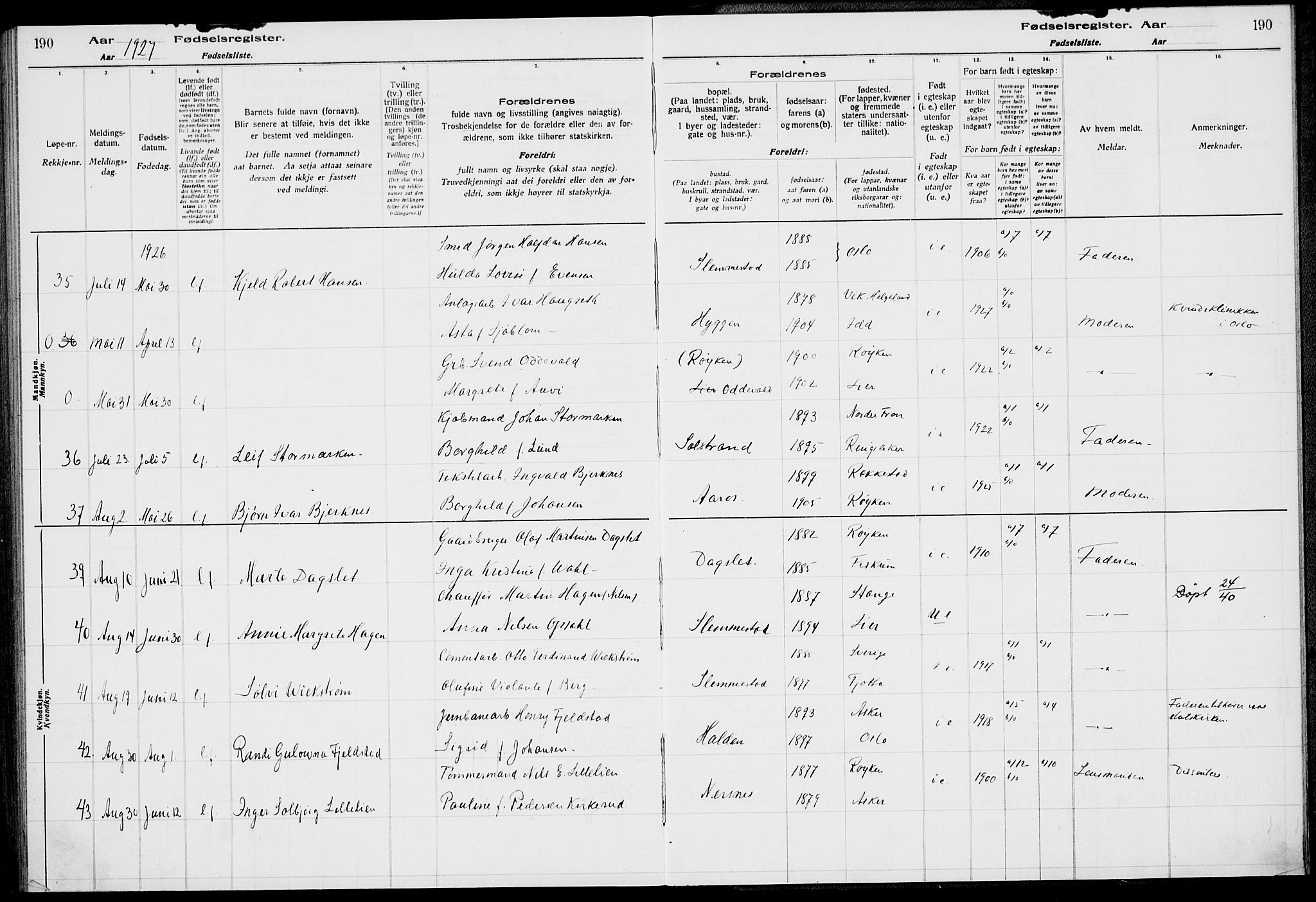 Røyken kirkebøker, AV/SAKO-A-241/J/Ja/L0001: Birth register no. 1, 1916-1927, p. 190