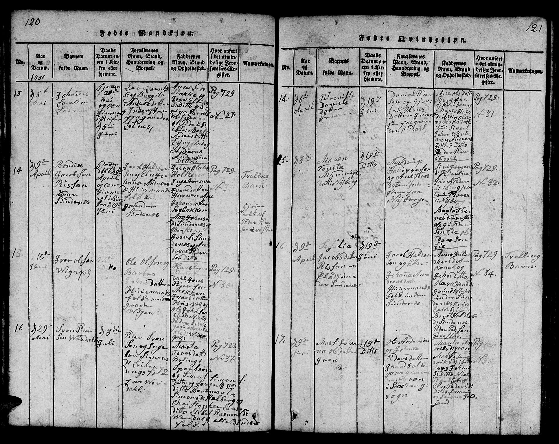 Ministerialprotokoller, klokkerbøker og fødselsregistre - Nord-Trøndelag, AV/SAT-A-1458/730/L0298: Parish register (copy) no. 730C01, 1816-1849, p. 120-121