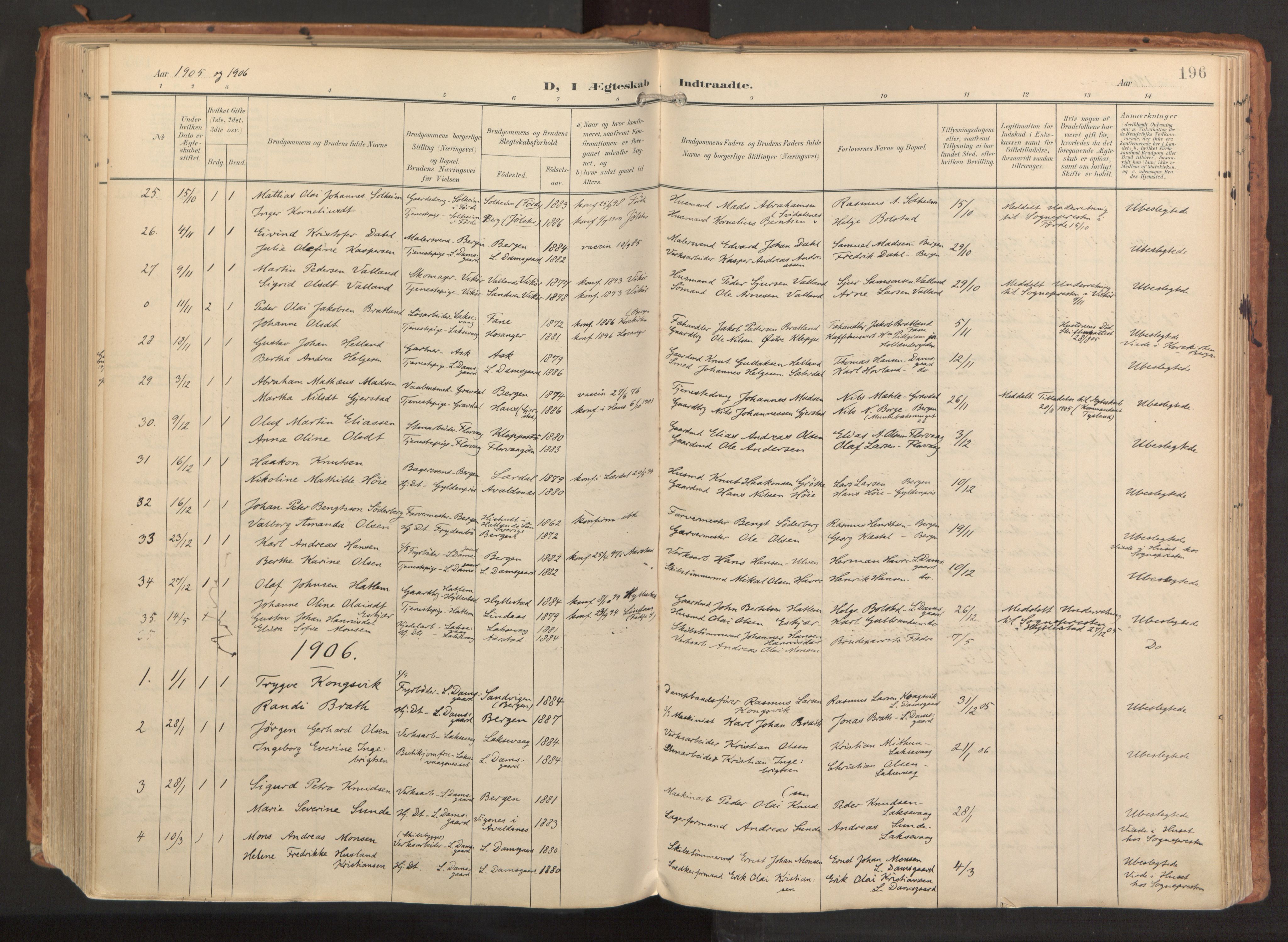 Laksevåg Sokneprestembete, AV/SAB-A-76501/H/Ha/Haa/Haaa/L0001: Parish register (official) no. A 1, 1903-1917, p. 196