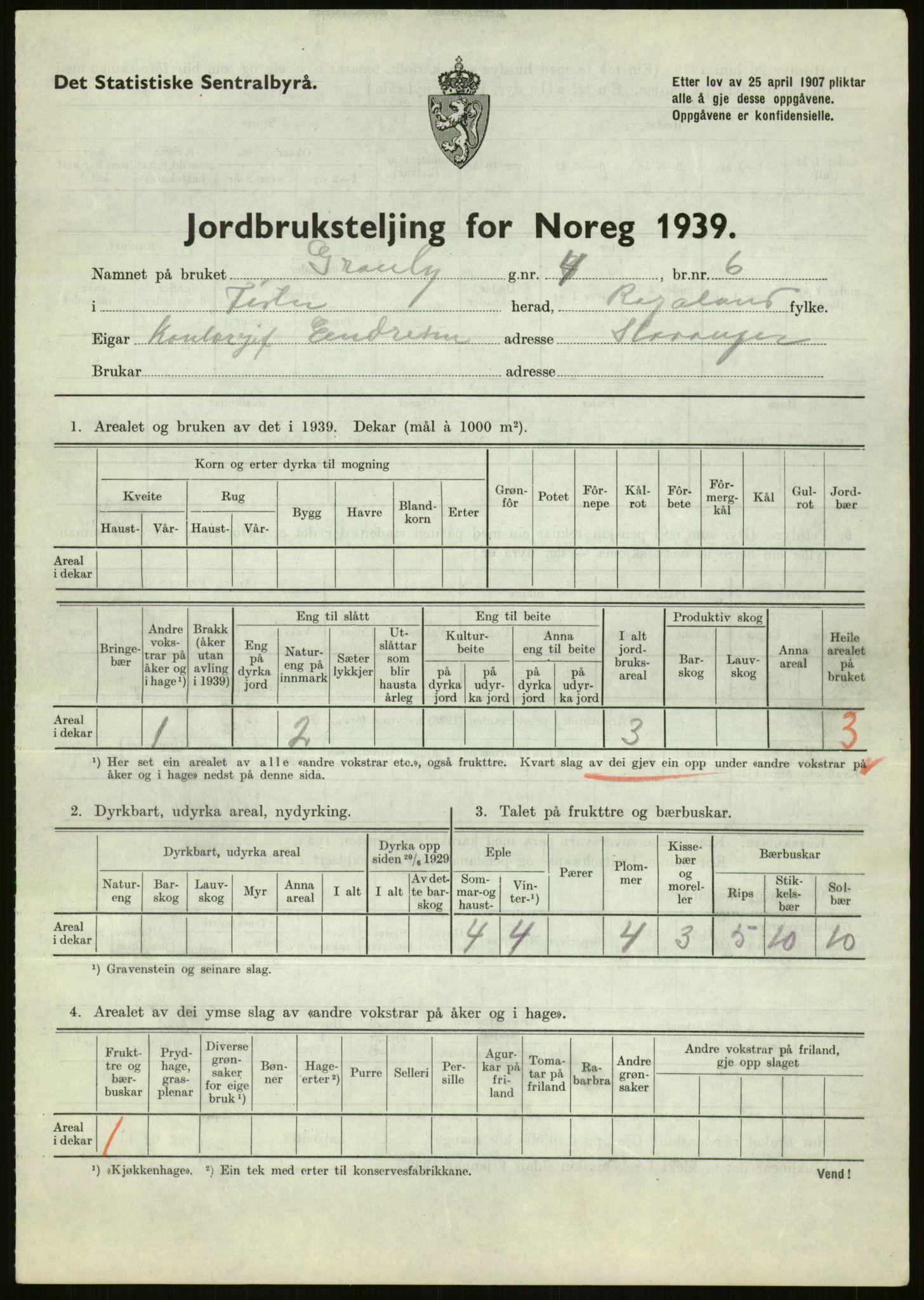 Statistisk sentralbyrå, Næringsøkonomiske emner, Jordbruk, skogbruk, jakt, fiske og fangst, AV/RA-S-2234/G/Gb/L0184: Rogaland: Årdal, Fister og Hjelmeland, 1939, p. 91
