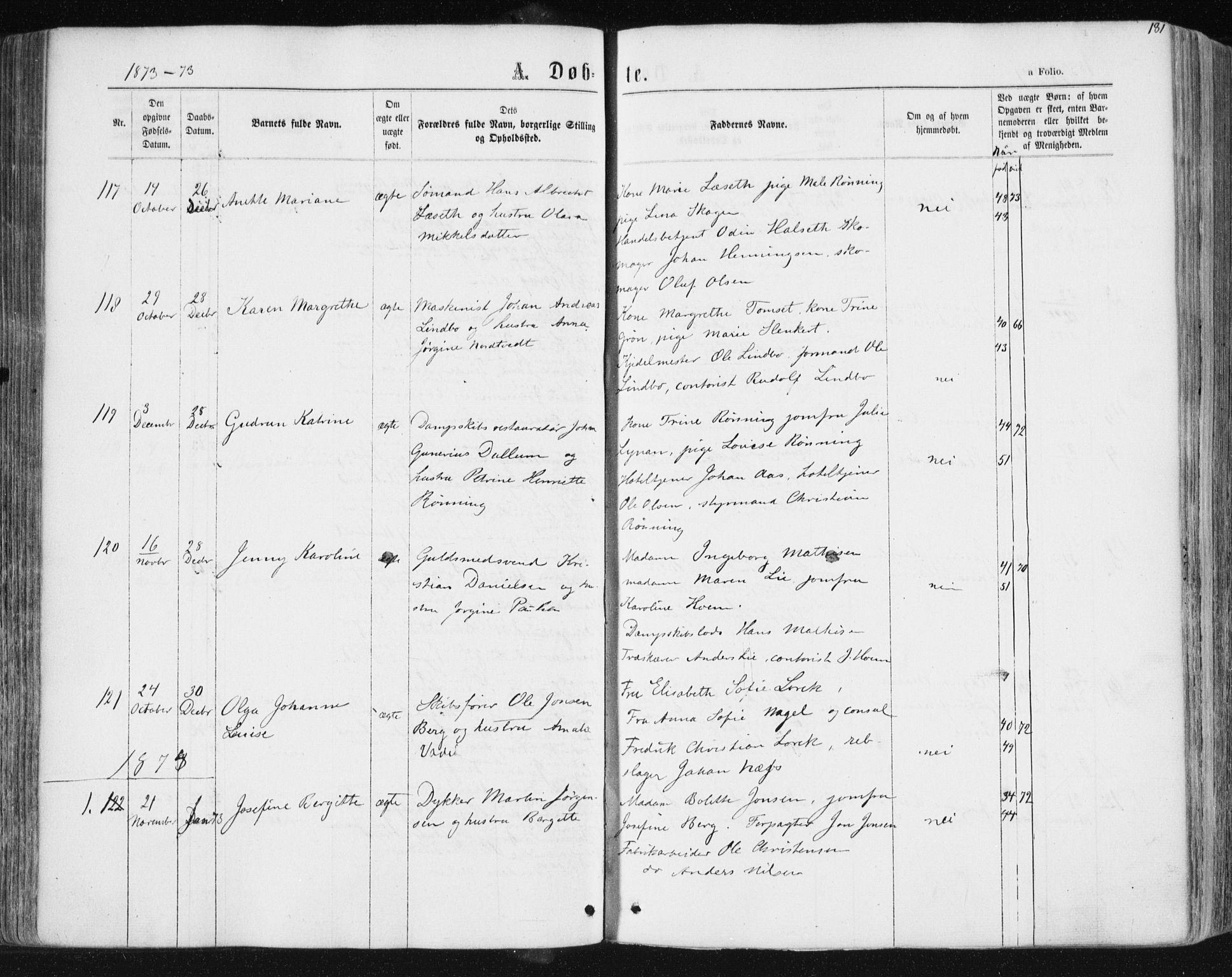 Ministerialprotokoller, klokkerbøker og fødselsregistre - Sør-Trøndelag, SAT/A-1456/604/L0186: Parish register (official) no. 604A07, 1866-1877, p. 181
