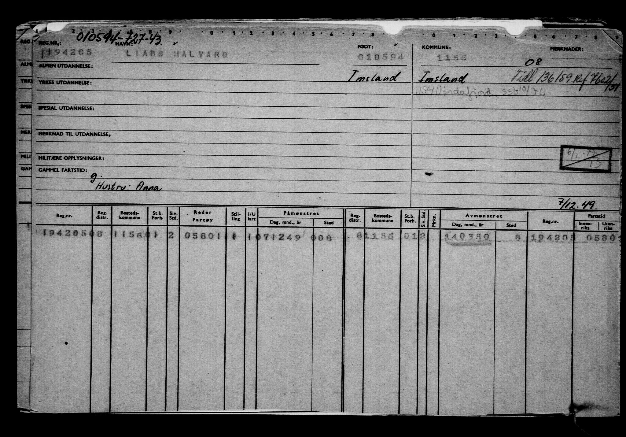 Direktoratet for sjømenn, AV/RA-S-3545/G/Gb/L0016: Hovedkort, 1894, p. 1