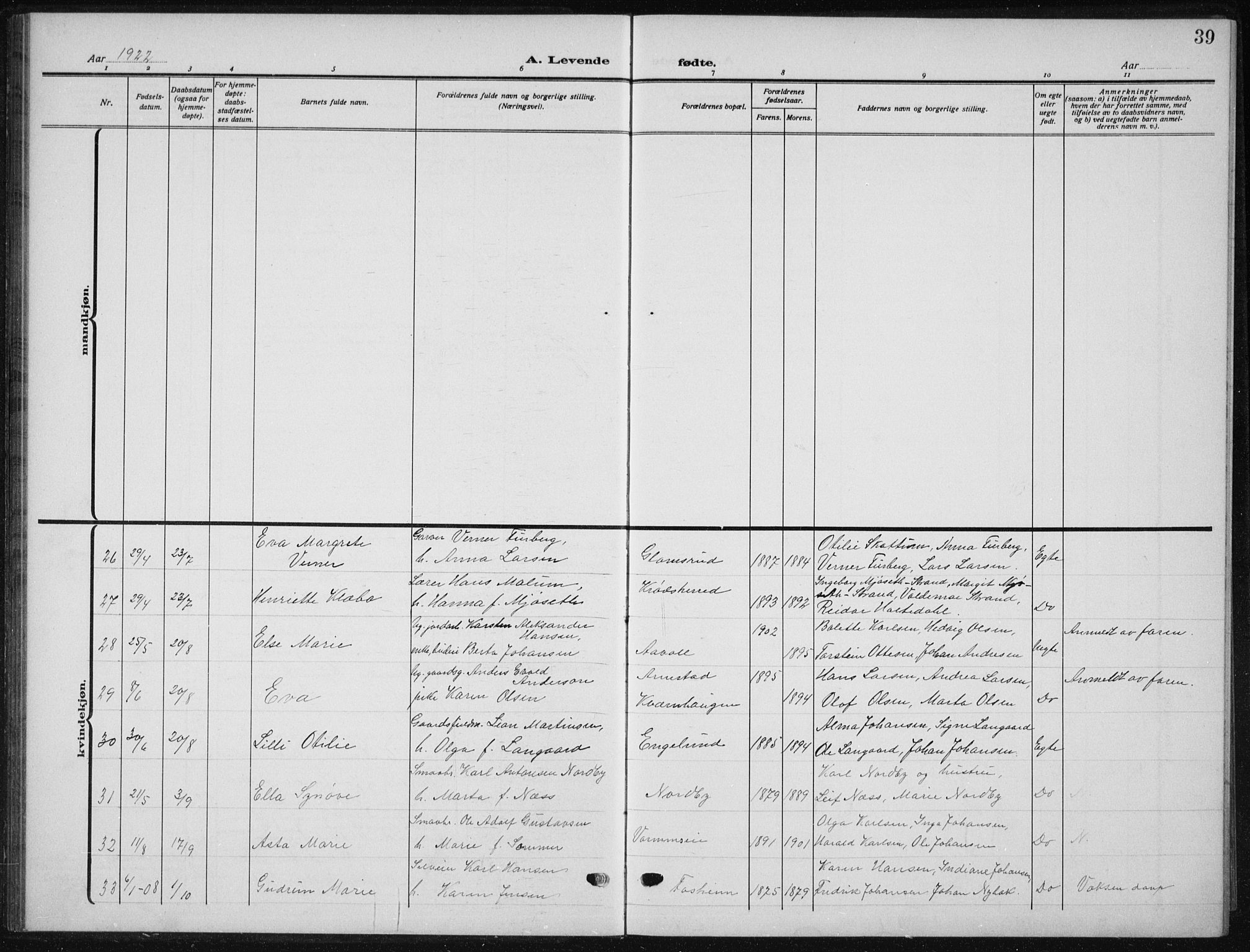 Nes prestekontor Kirkebøker, AV/SAO-A-10410/G/Ga/L0003: Parish register (copy) no. I 3, 1913-1941, p. 39