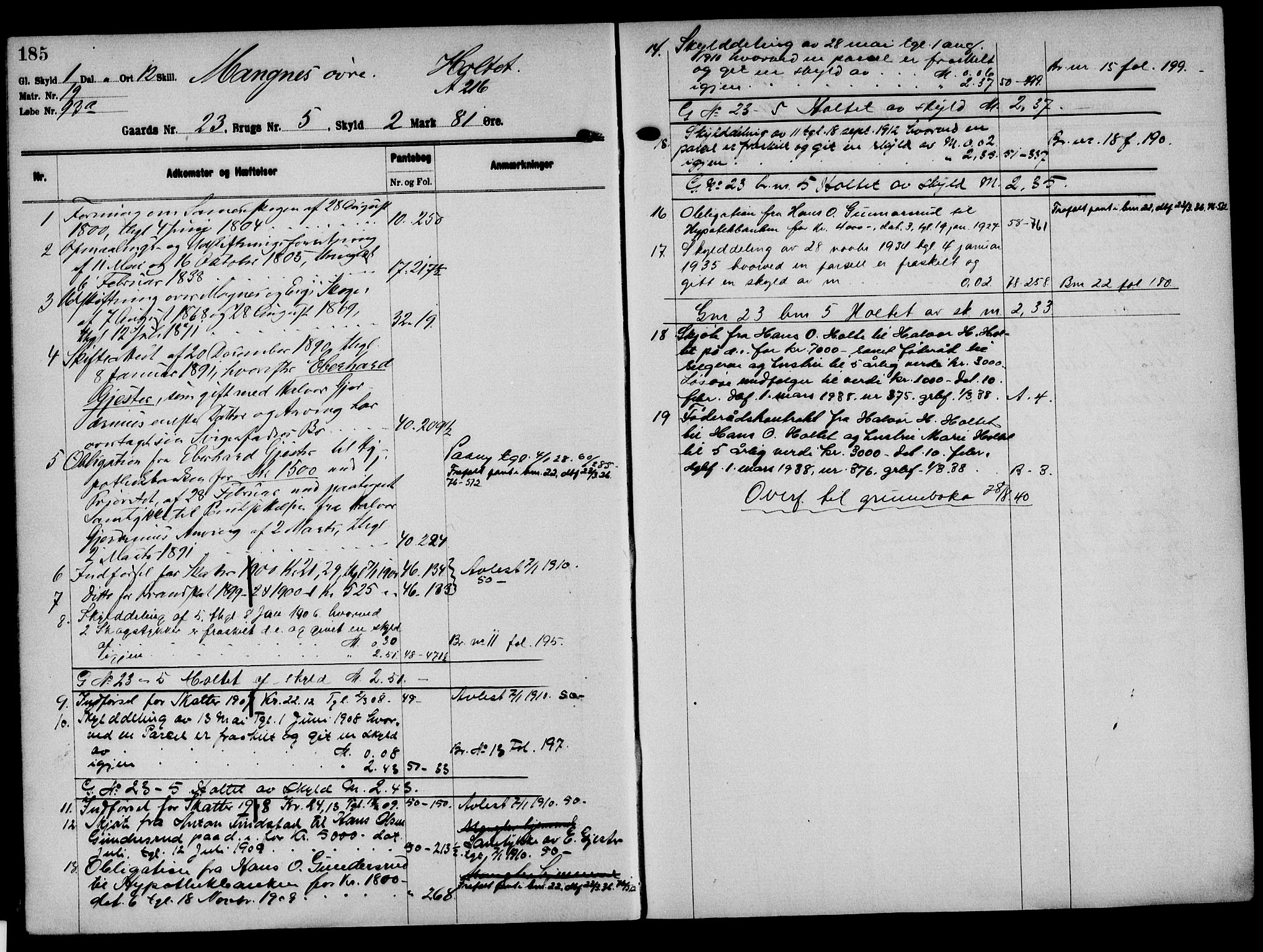 Solør tingrett, AV/SAH-TING-008/H/Ha/Hak/L0002: Mortgage register no. II, 1900-1935, p. 185