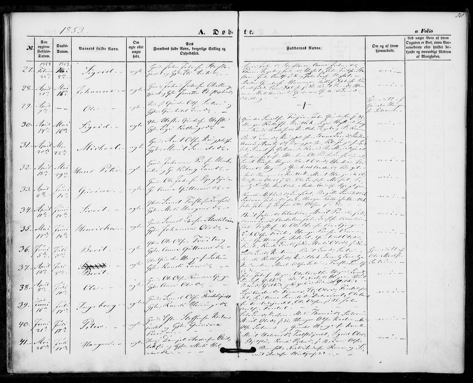 Ministerialprotokoller, klokkerbøker og fødselsregistre - Nord-Trøndelag, AV/SAT-A-1458/703/L0028: Parish register (official) no. 703A01, 1850-1862, p. 20