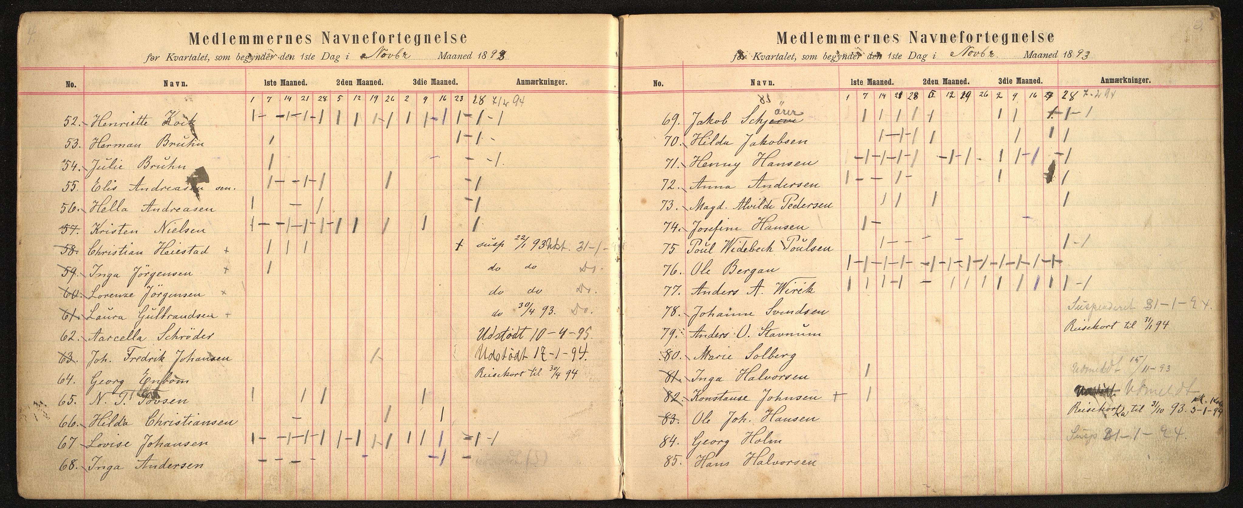 Pa 58 - Losje Aftenstjernen, VEMU/A-1074/P/L0006: Fremmøteprotokoll, 1893-1895