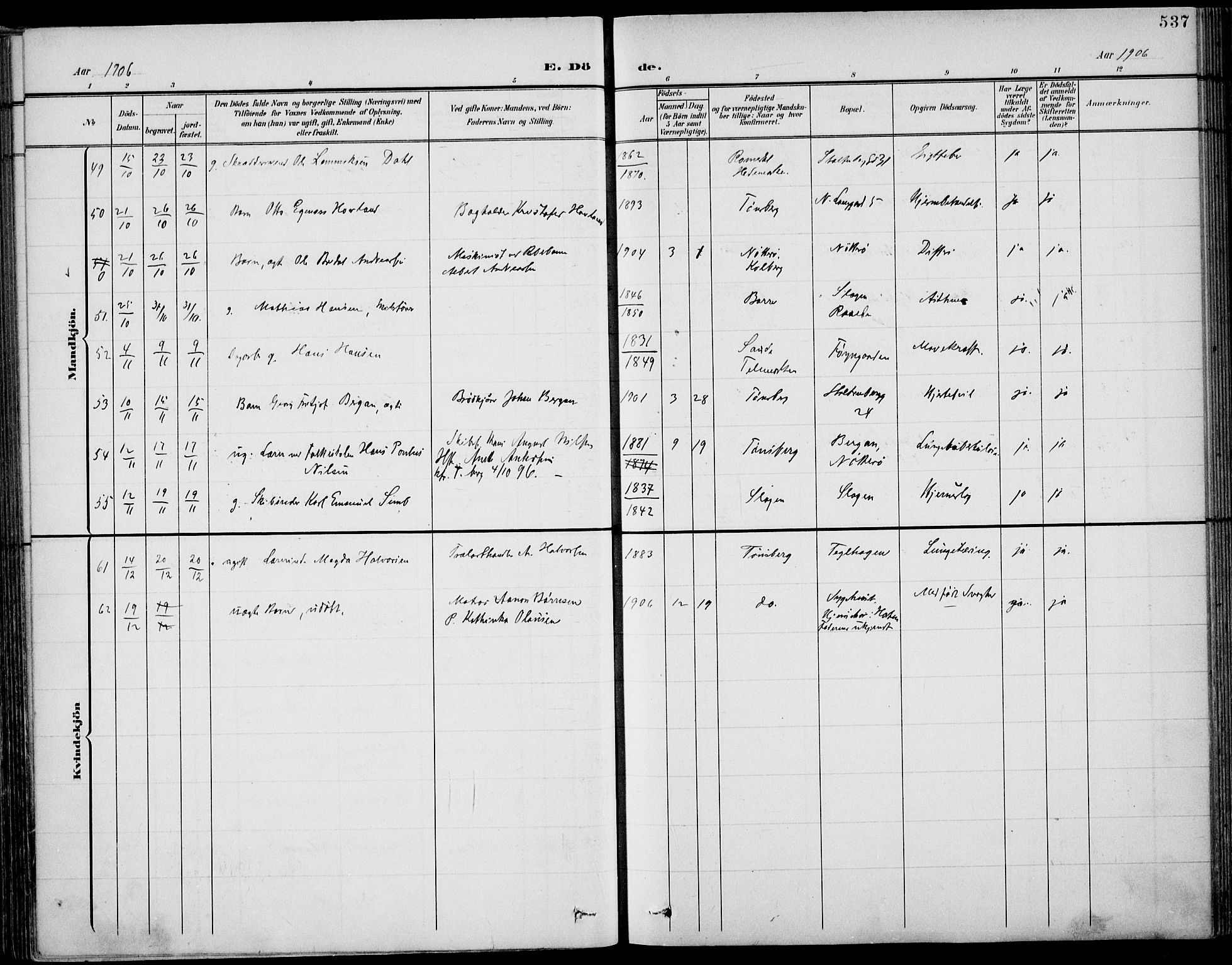 Tønsberg kirkebøker, AV/SAKO-A-330/F/Fa/L0013: Parish register (official) no. I 13, 1900-1913, p. 537