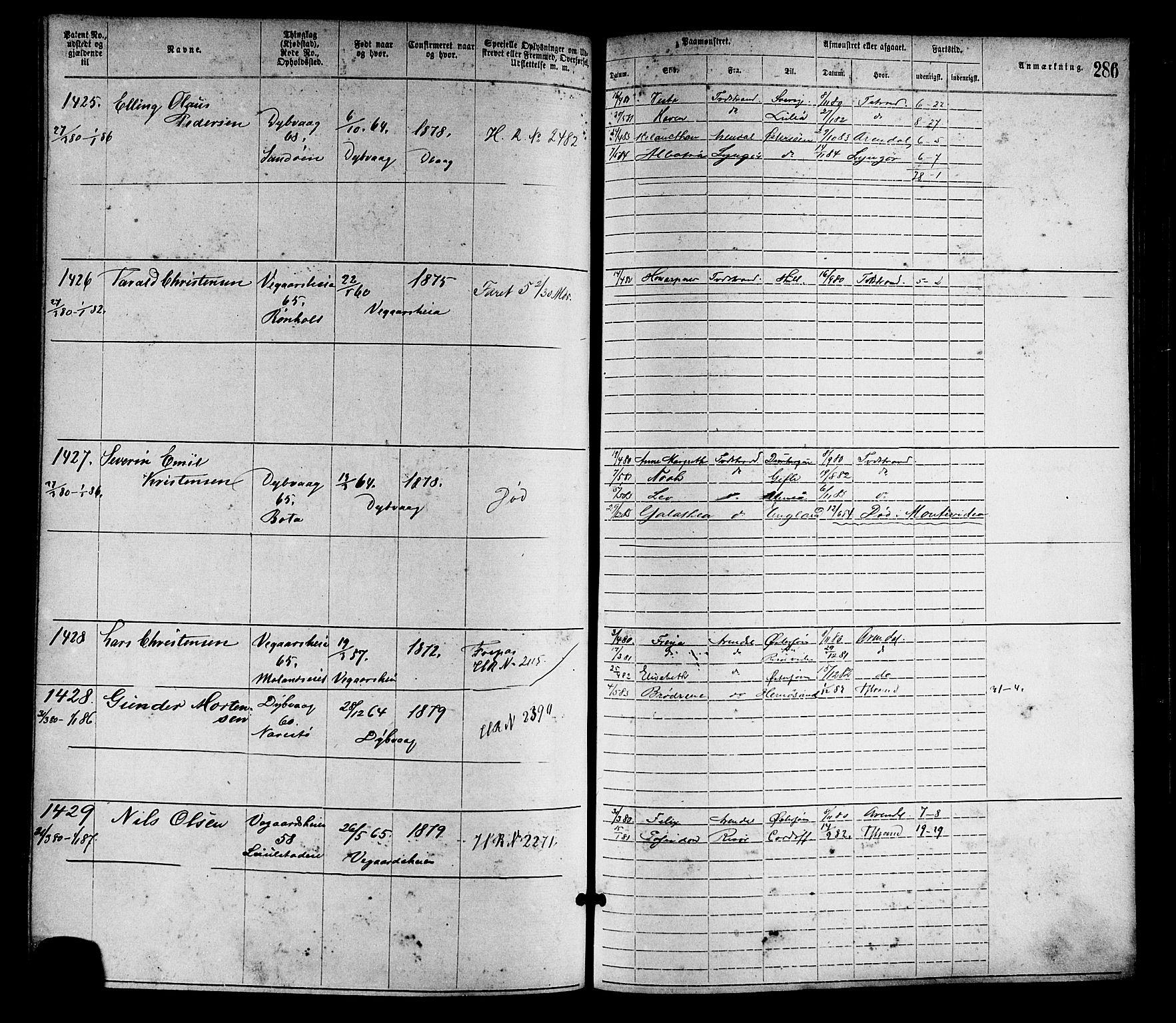 Tvedestrand mønstringskrets, SAK/2031-0011/F/Fa/L0001: Annotasjonsrulle nr 1-1905 med register, R-1, 1866-1886, p. 311