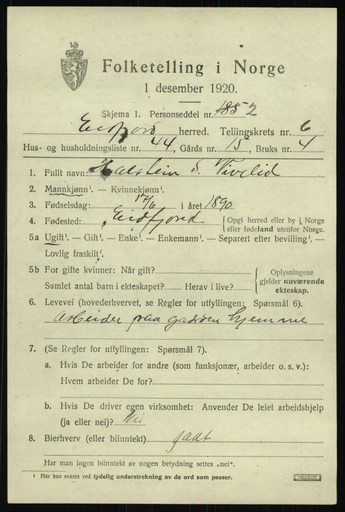 SAB, 1920 census for Eidfjord, 1920, p. 2288