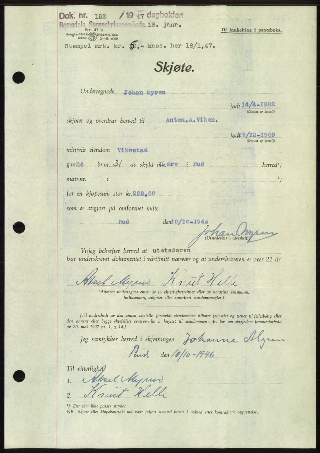 Romsdal sorenskriveri, SAT/A-4149/1/2/2C: Mortgage book no. A22, 1947-1947, Diary no: : 152/1947
