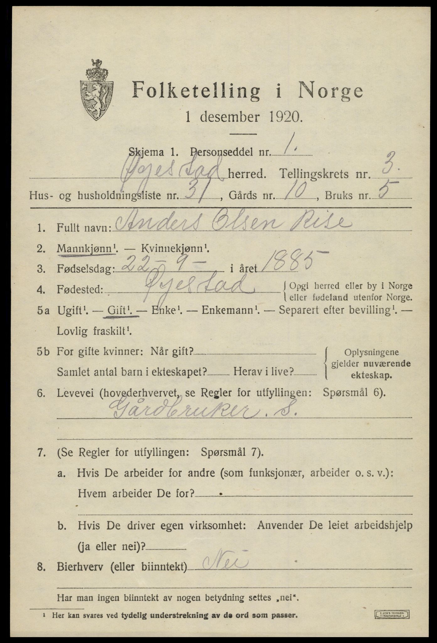 SAK, 1920 census for Øyestad, 1920, p. 3006