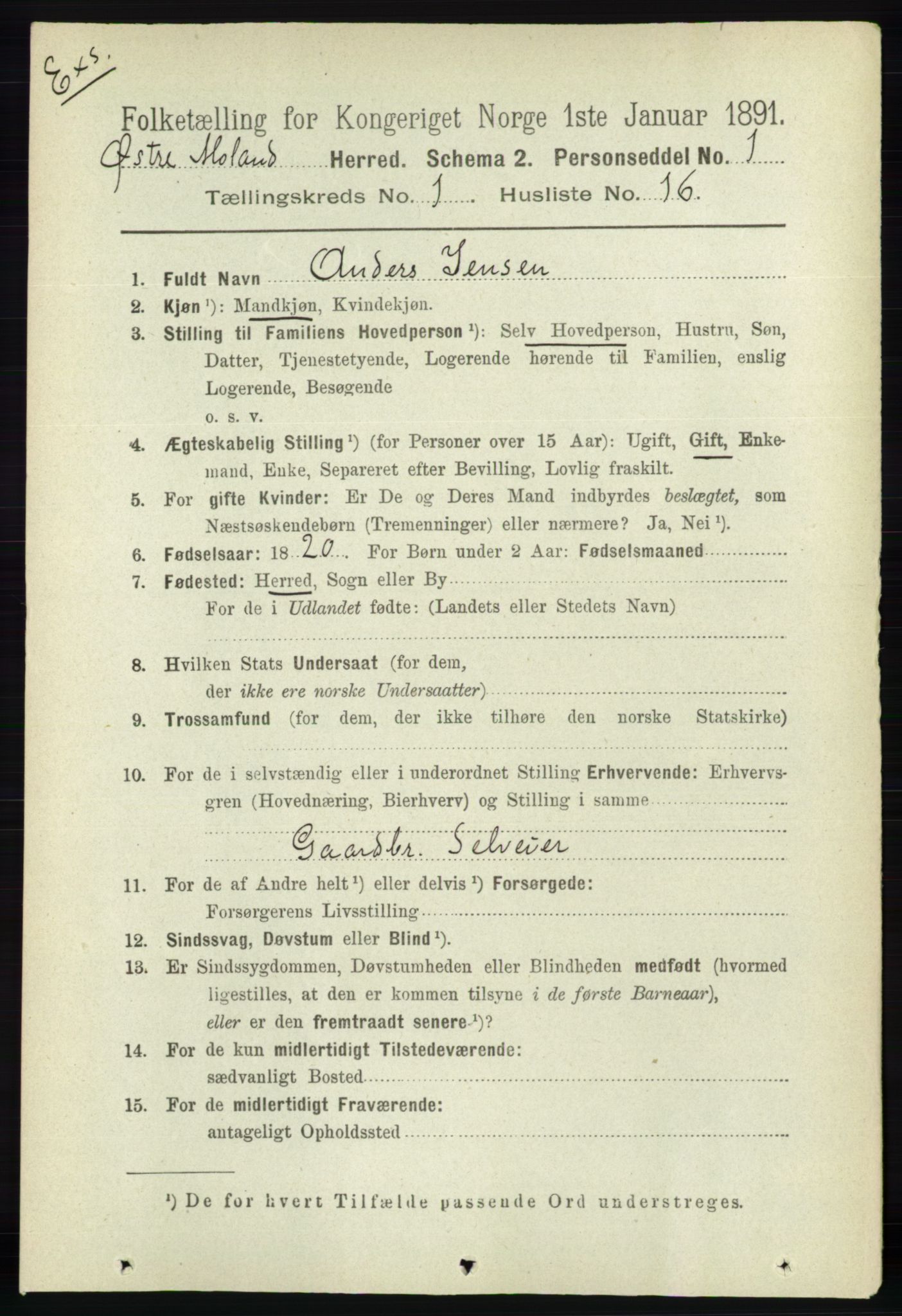 RA, Census 1891 for Nedenes amt: Gjenparter av personsedler for beslektede ektefeller, menn, 1891, p. 462