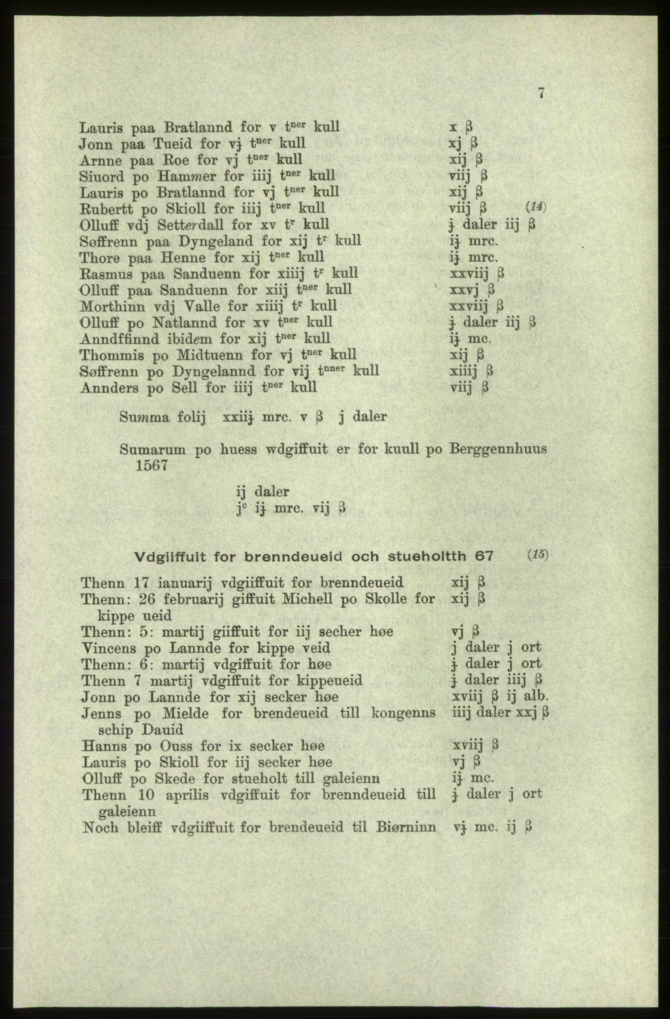 Publikasjoner utgitt av Arkivverket, PUBL/PUBL-001/C/0005: Bind 5: Rekneskap for Bergenhus len 1566-1567: B. Utgift C. Dei nordlandske lena og Finnmark D. Ekstrakt, 1566-1567, p. 7