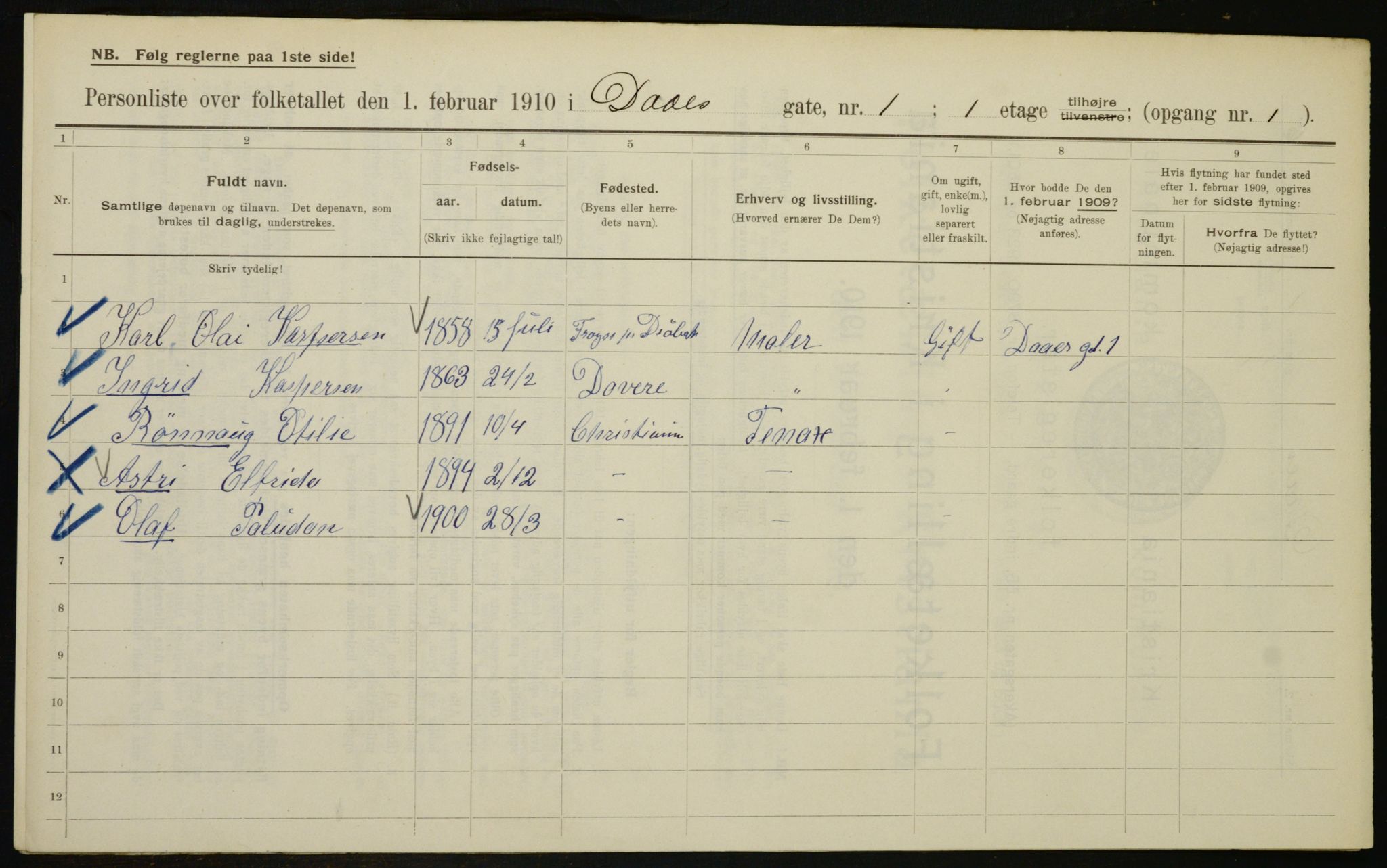 OBA, Municipal Census 1910 for Kristiania, 1910, p. 16961