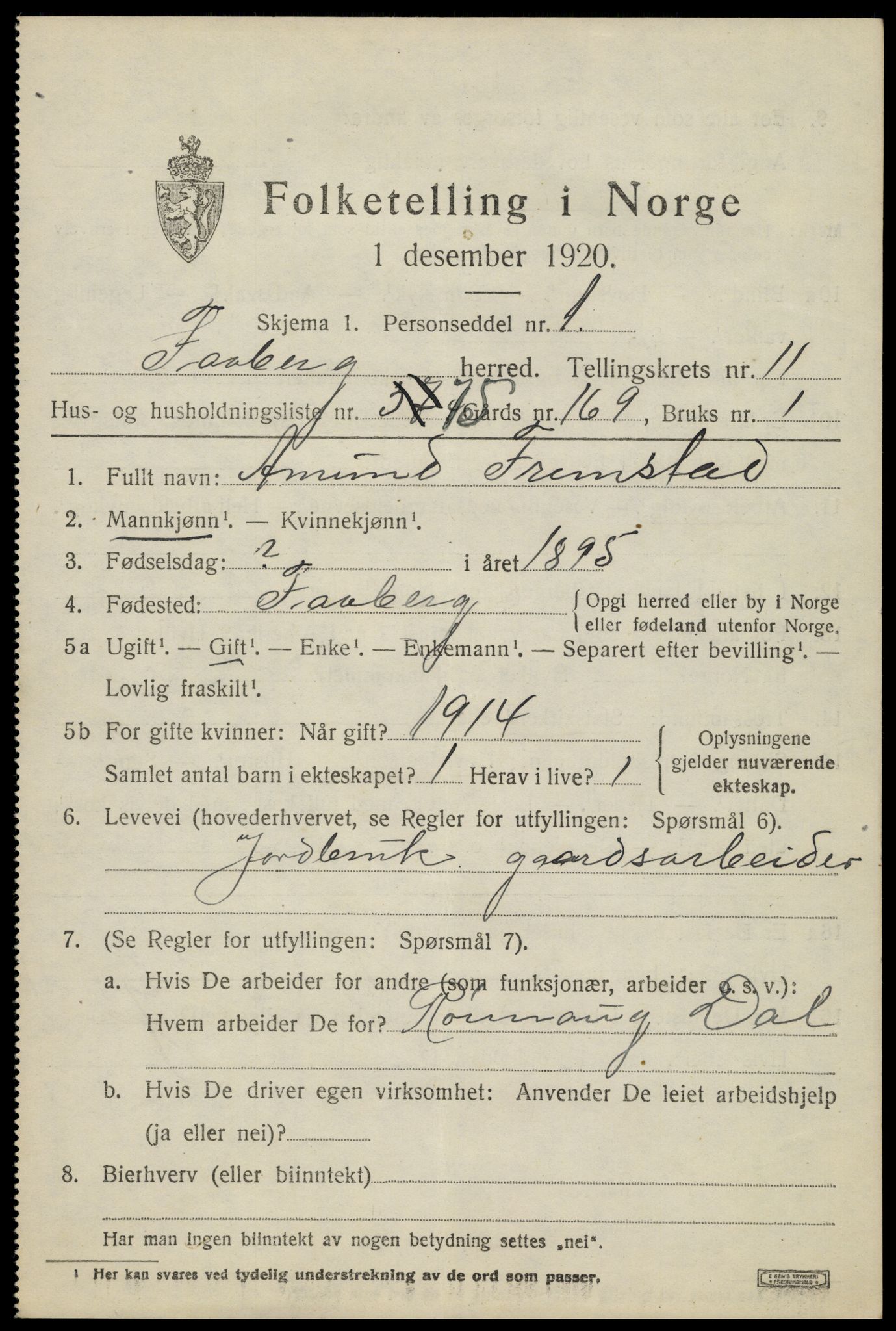 SAH, 1920 census for Fåberg, 1920, p. 12714