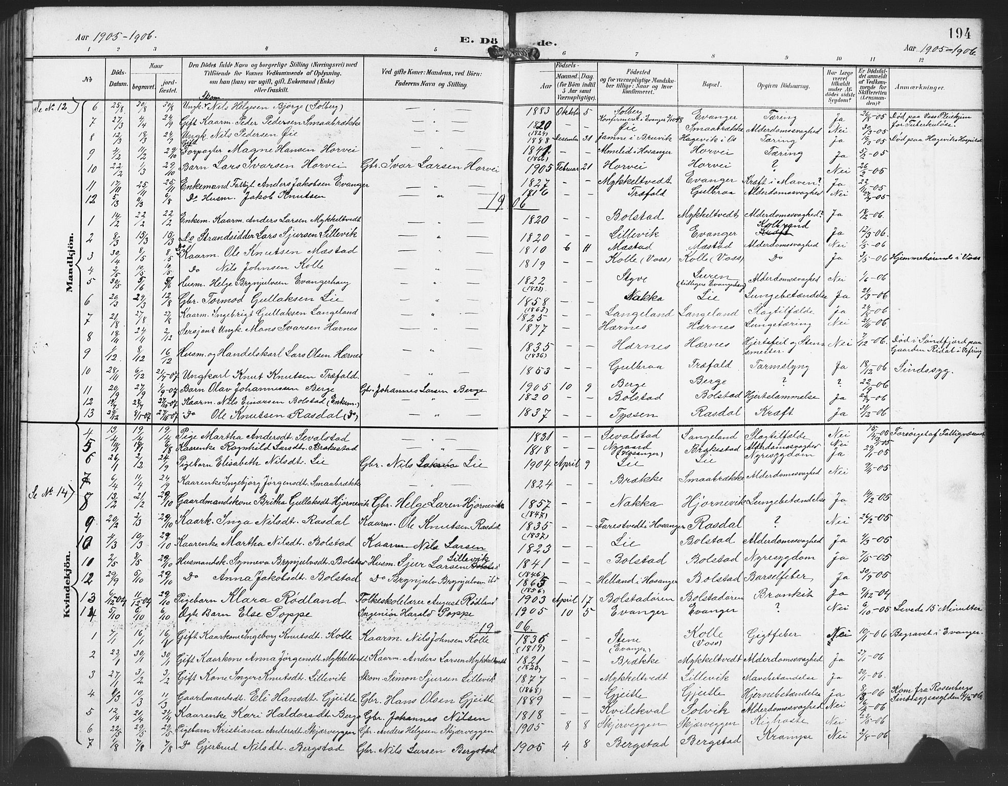 Evanger sokneprestembete, AV/SAB-A-99924: Parish register (copy) no. A 5, 1897-1917, p. 194