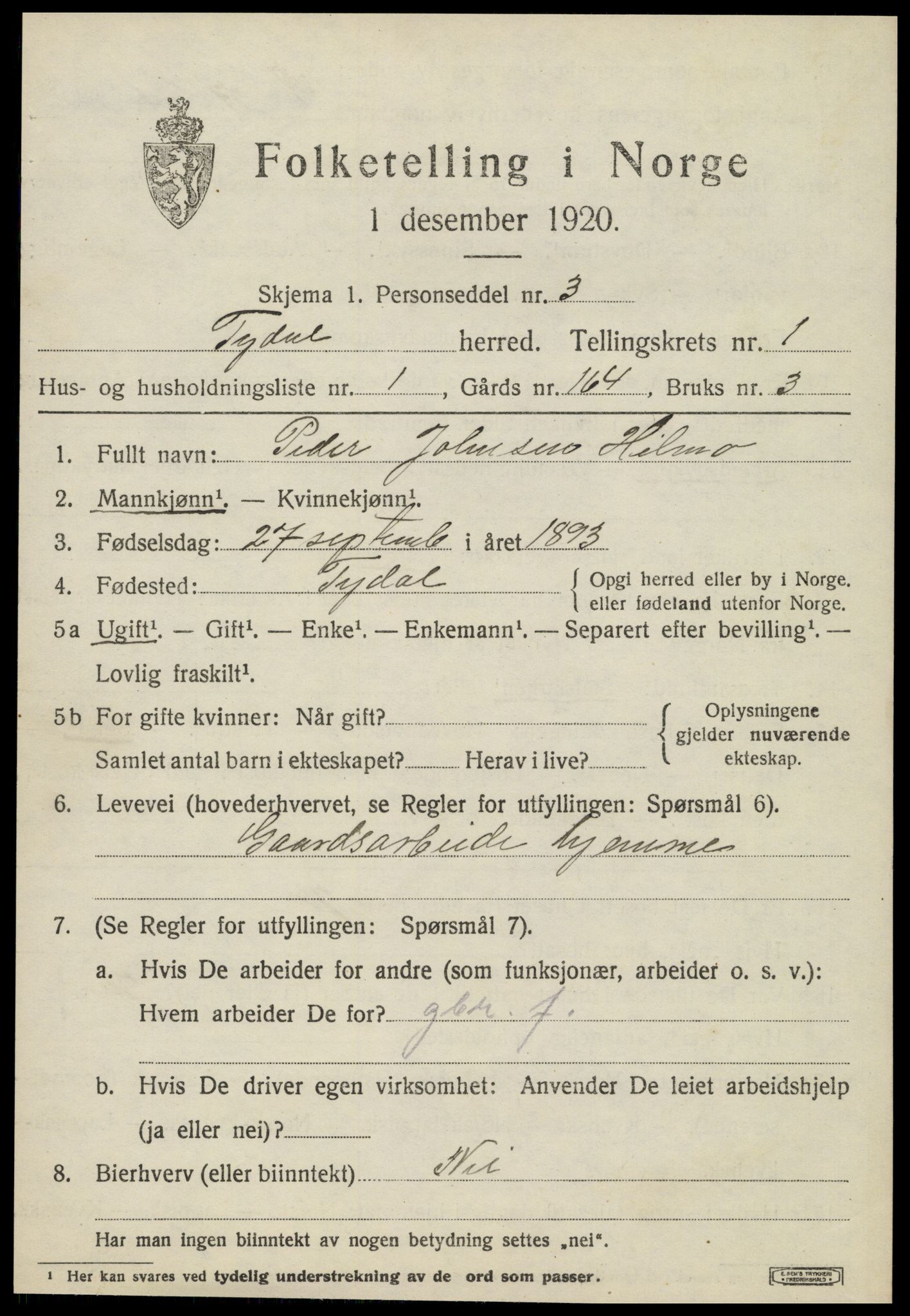 SAT, 1920 census for Tydal, 1920, p. 313