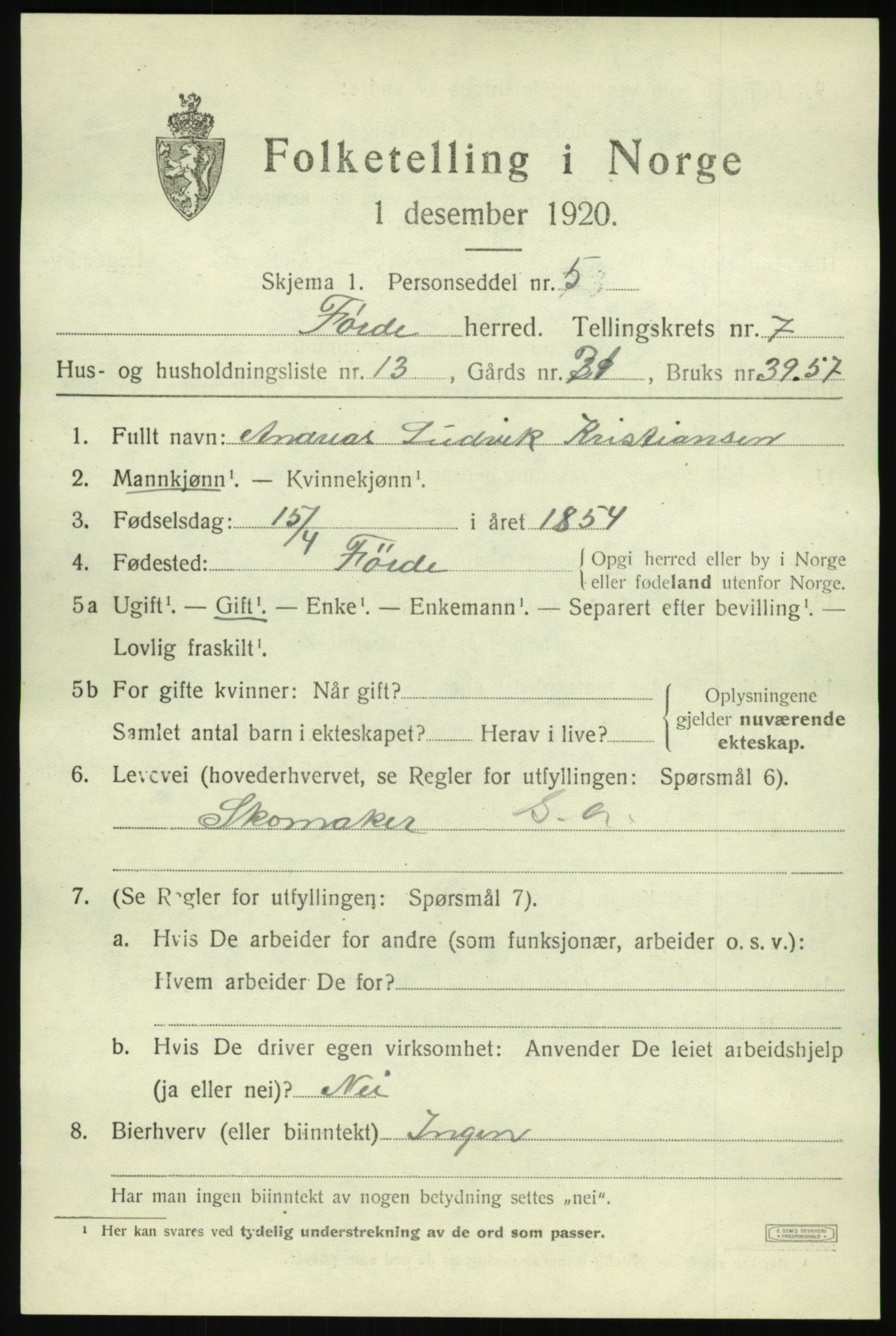 SAB, 1920 census for Førde, 1920, p. 2554
