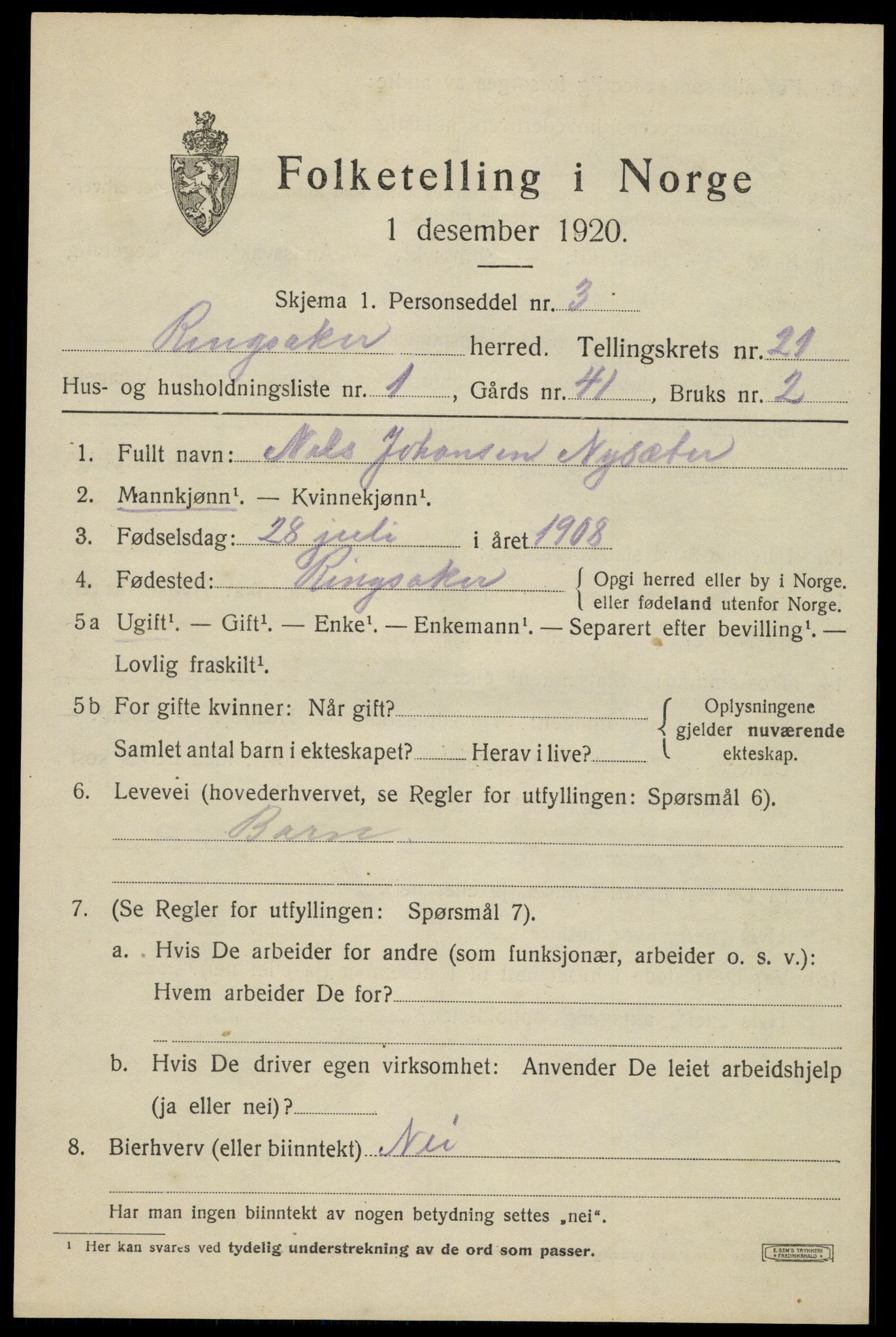 SAH, 1920 census for Ringsaker, 1920, p. 28602