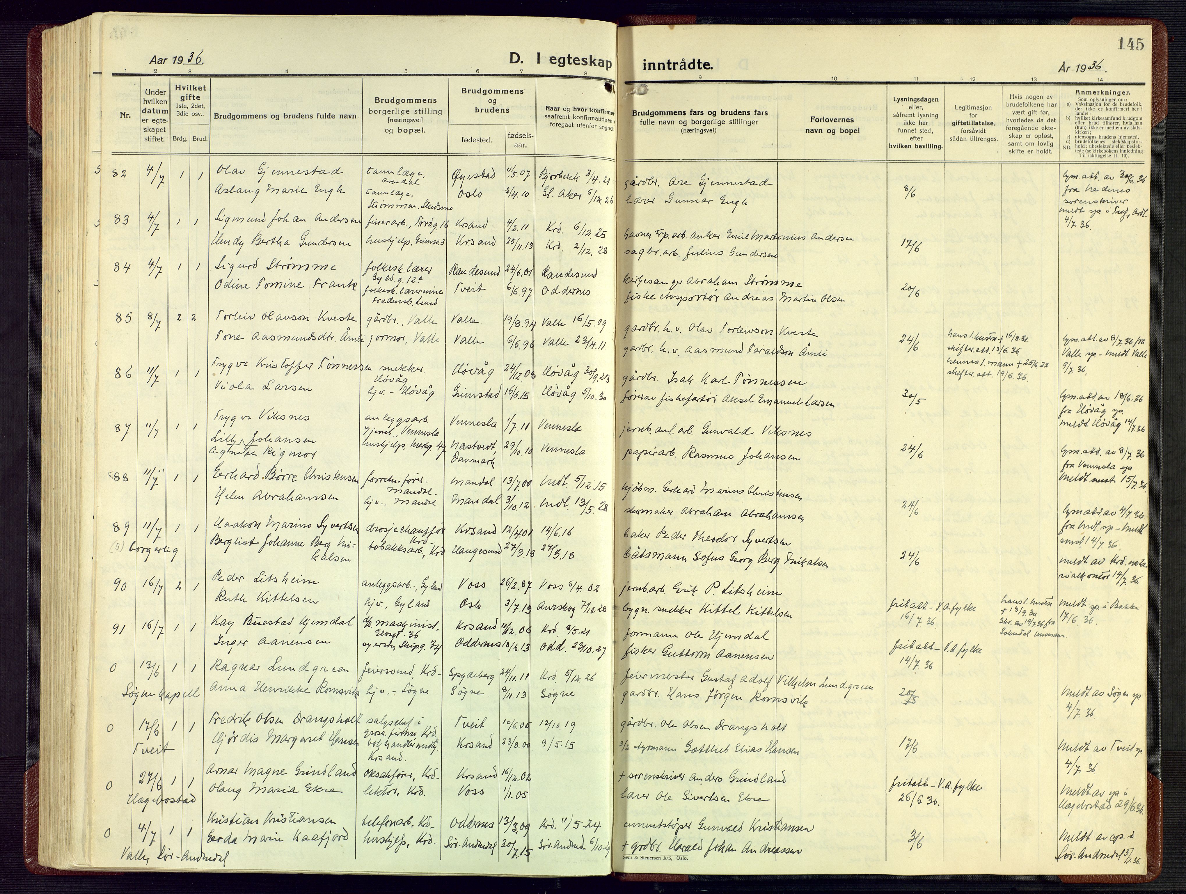 Kristiansand domprosti, AV/SAK-1112-0006/F/Fa/L0029: Parish register (official) no. A 28, 1925-1936, p. 145