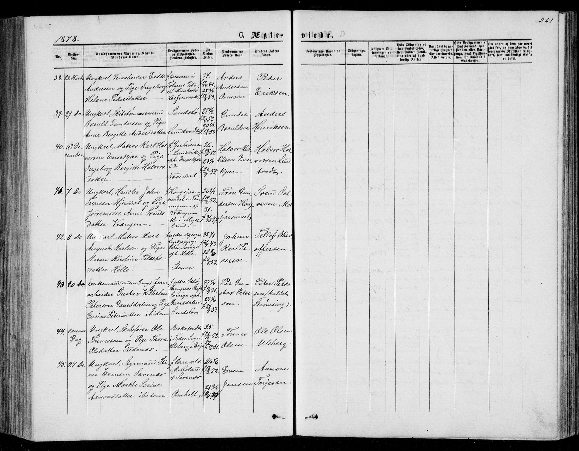 Øyestad sokneprestkontor, SAK/1111-0049/F/Fb/L0008: Parish register (copy) no. B 8, 1872-1886, p. 261